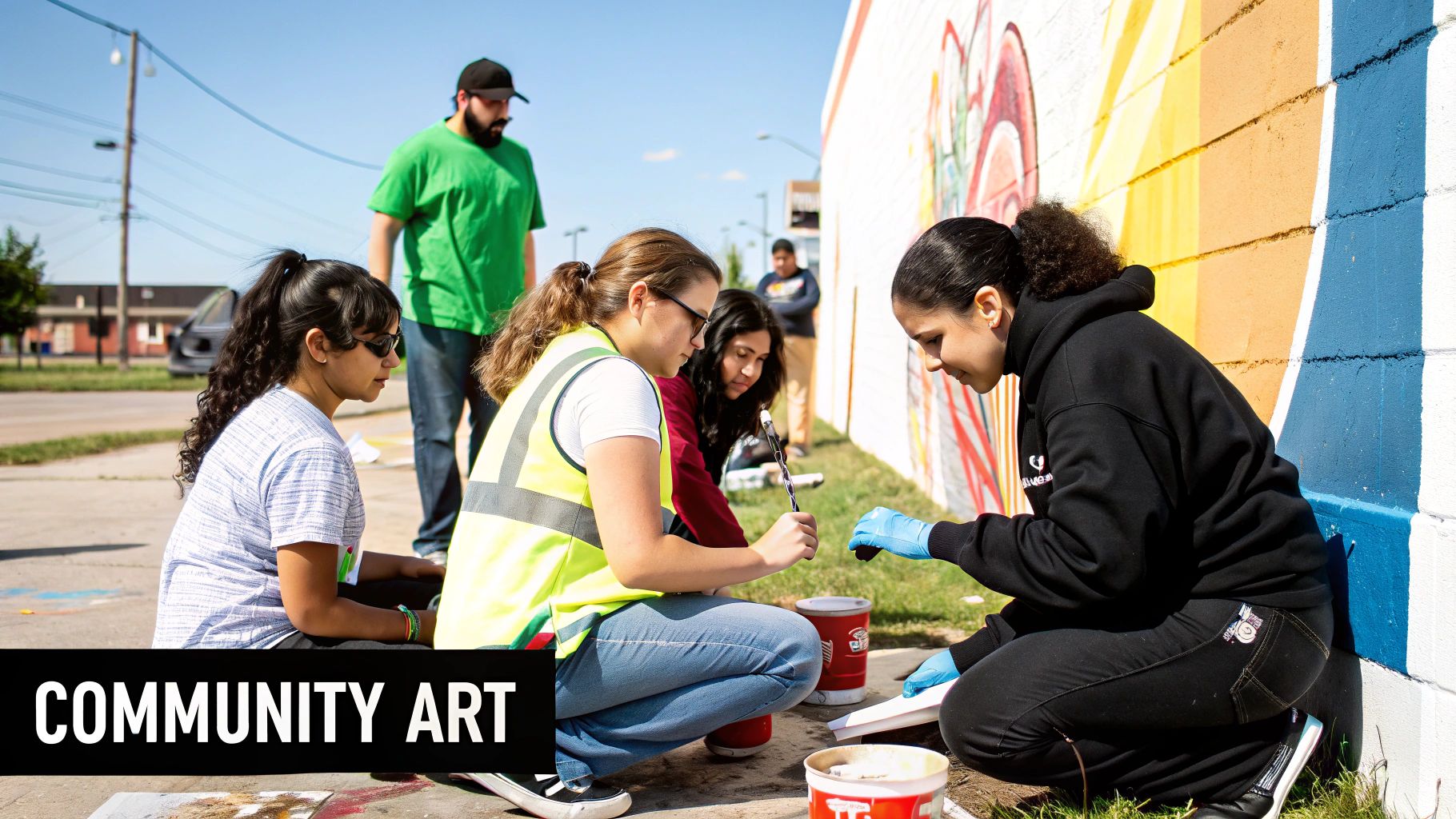 Young people collaborate on an outdoor community mural painting project under sunny skies.