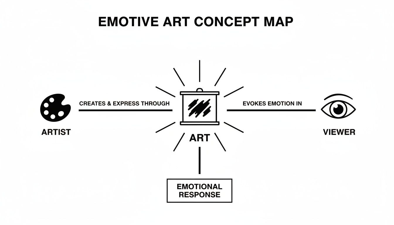 Concept map illustrating emotive art, connecting artist, art, viewer, and emotional response.