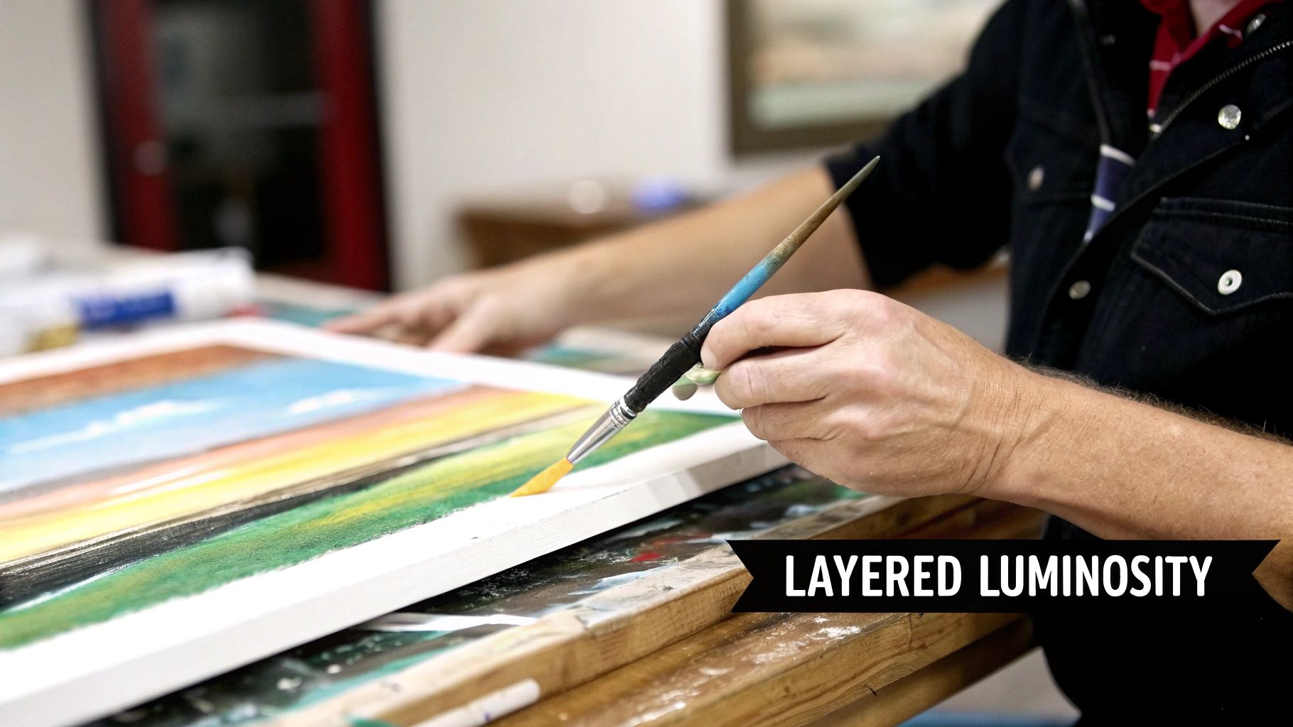 An artist's hands carefully apply yellow paint to the edge of a vibrant landscape painting.