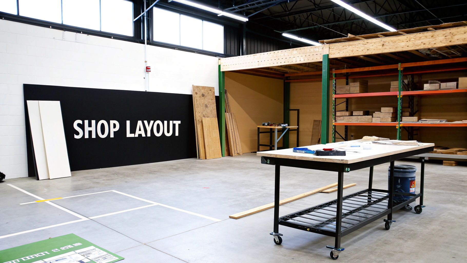 A spacious workshop with a "SHOP LAYOUT" sign, a mobile workbench, and storage shelves.