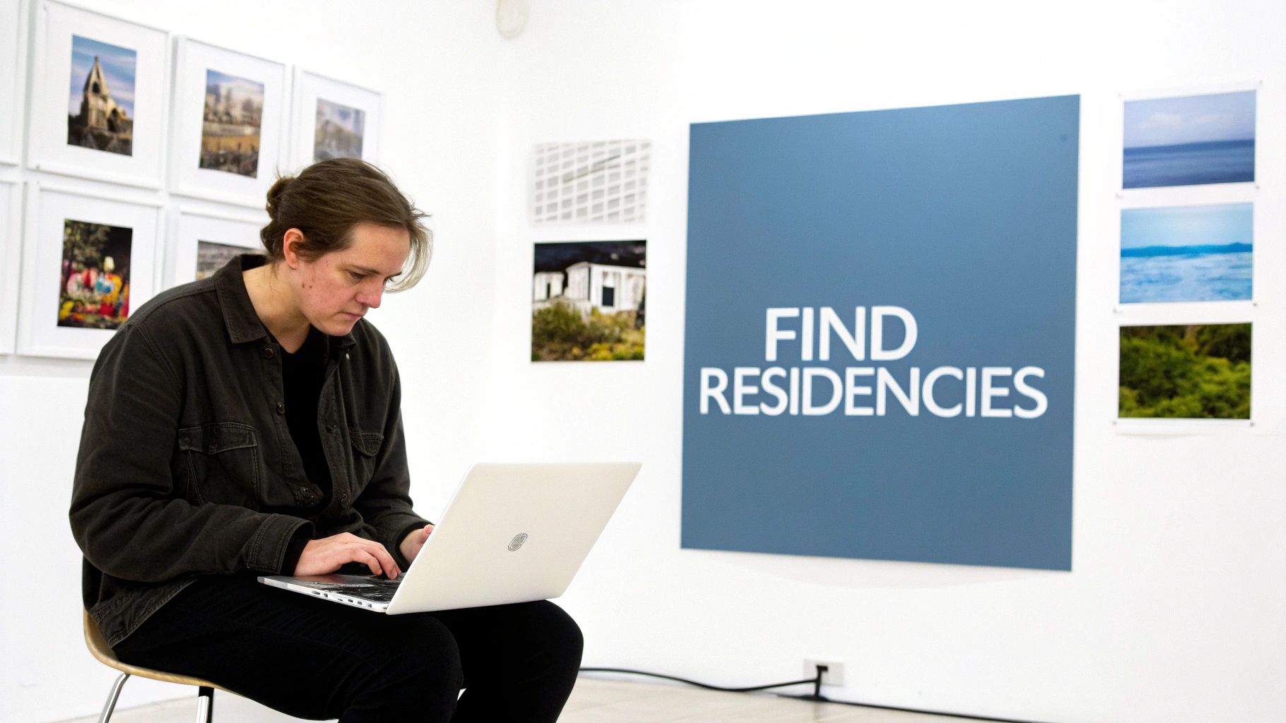 A person types on a silver laptop in an art gallery, with "FIND RESIDENCIES" signage.