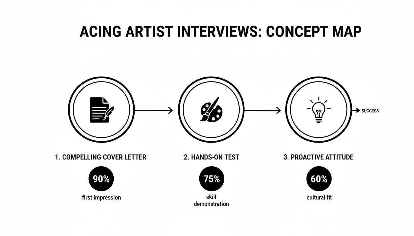 Concept map showing three steps for acing artist interviews: cover letter (90%), hands-on test (75%), and proactive attitude (60%).