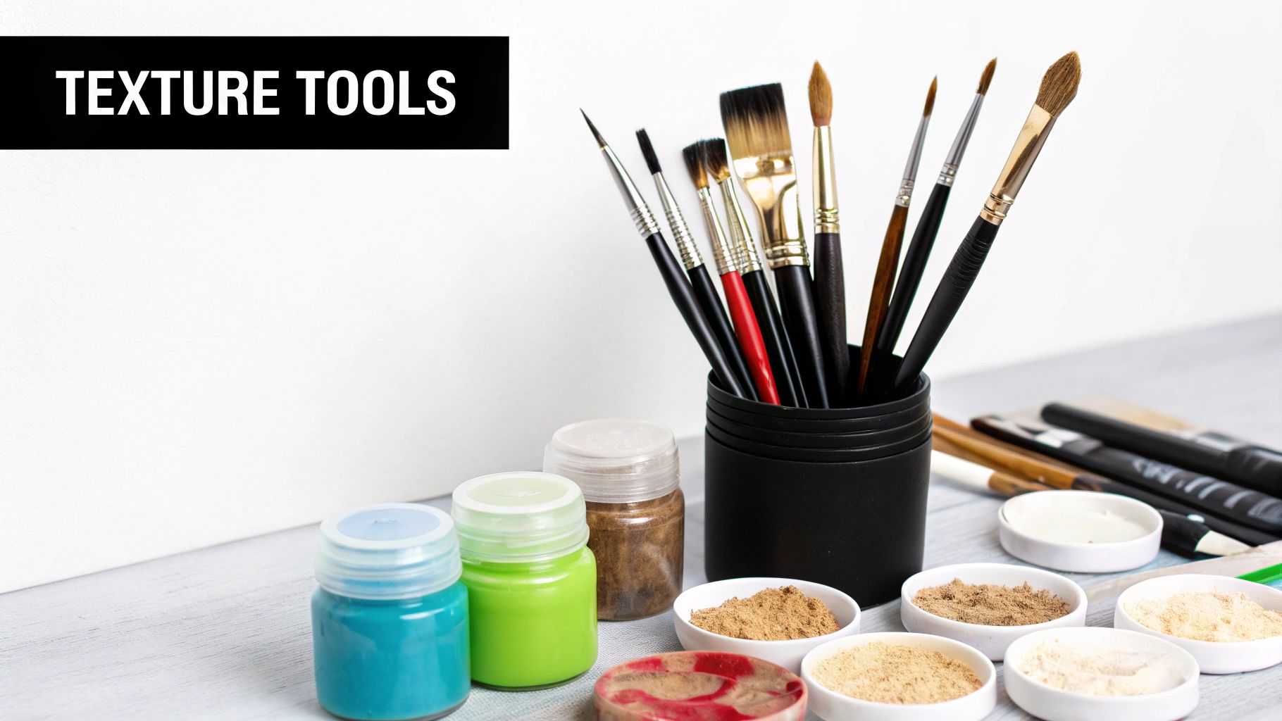 Various art brushes, paints, and powders arranged on a table, highlighting tools for creating texture.