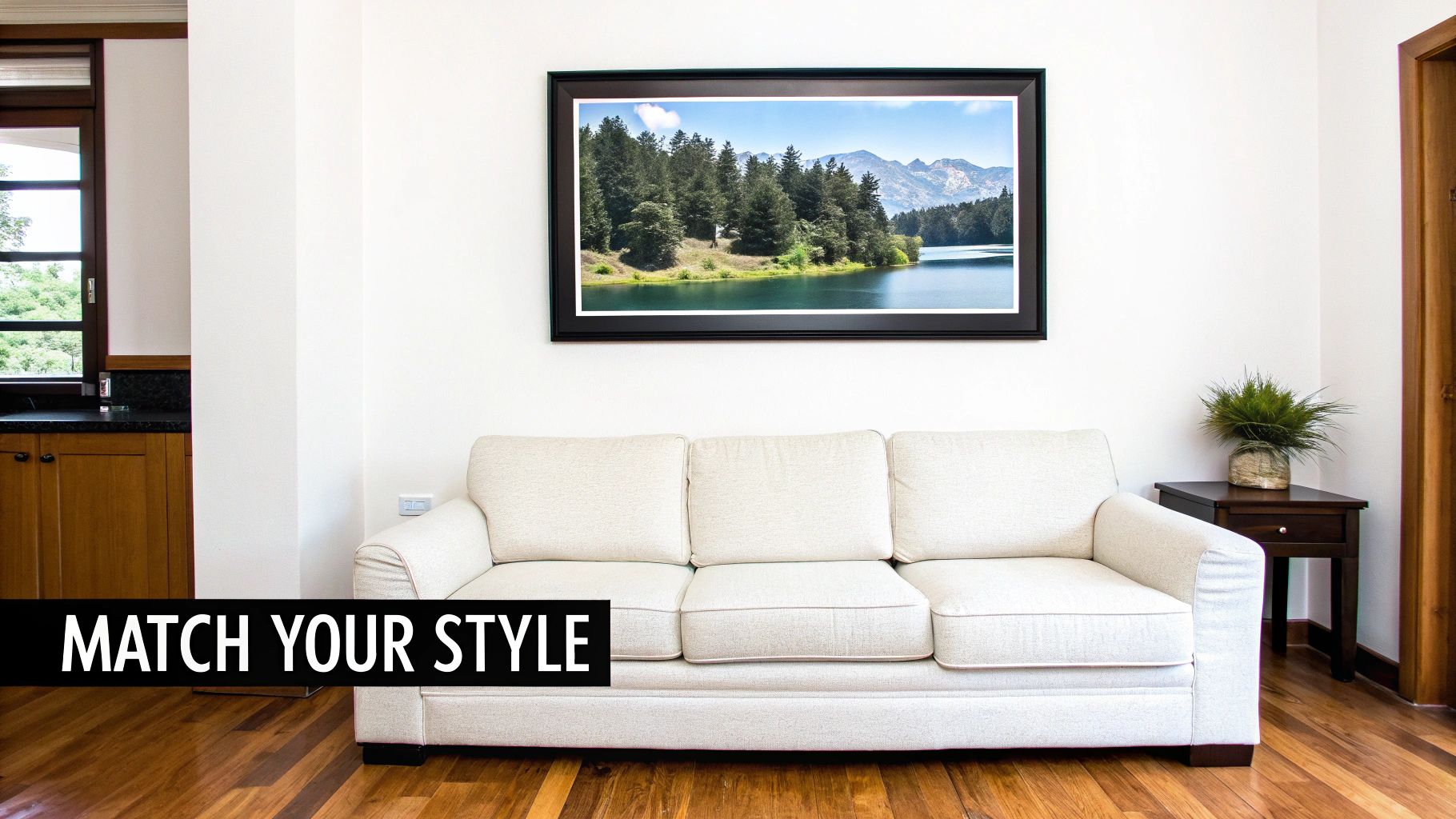 An inviting living room with a cream sofa under a scenic framed landscape artwork.