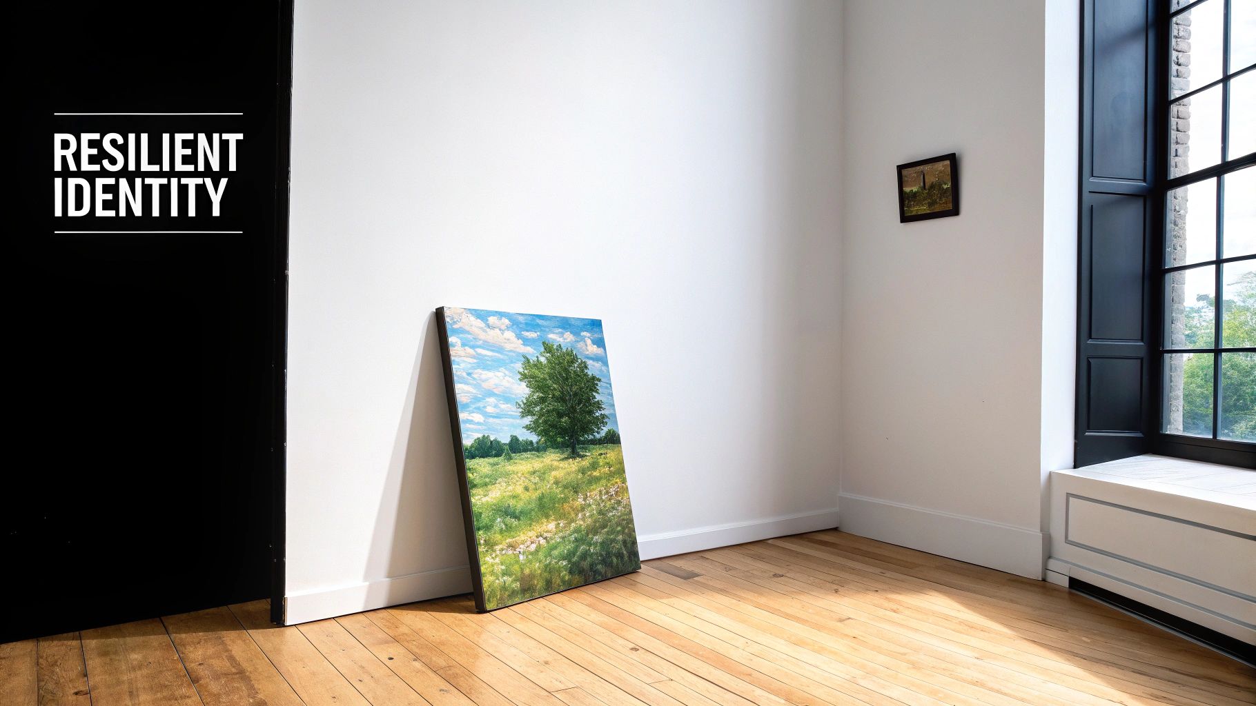 A bright room featuring a large landscape painting, framed art, and 'RESILIENT IDENTITY' text on a black wall.