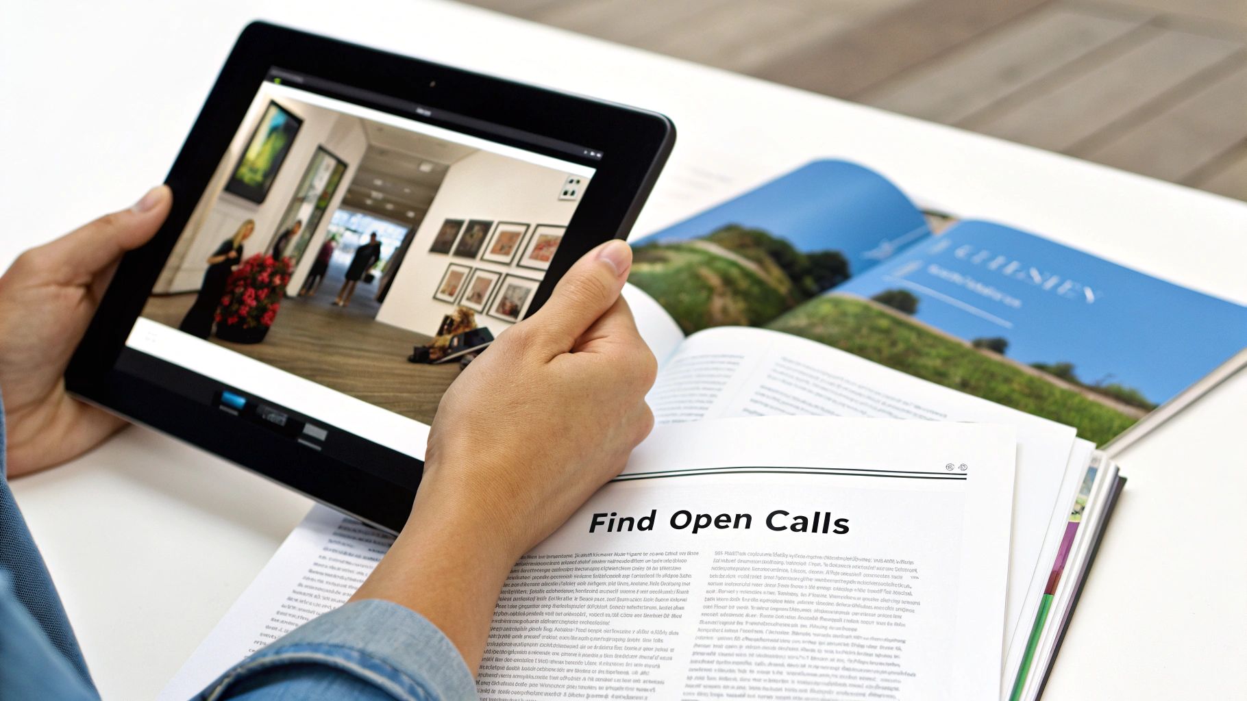 A person holds a tablet displaying an art gallery, with open magazines on a table showing 'Find Open Calls'.