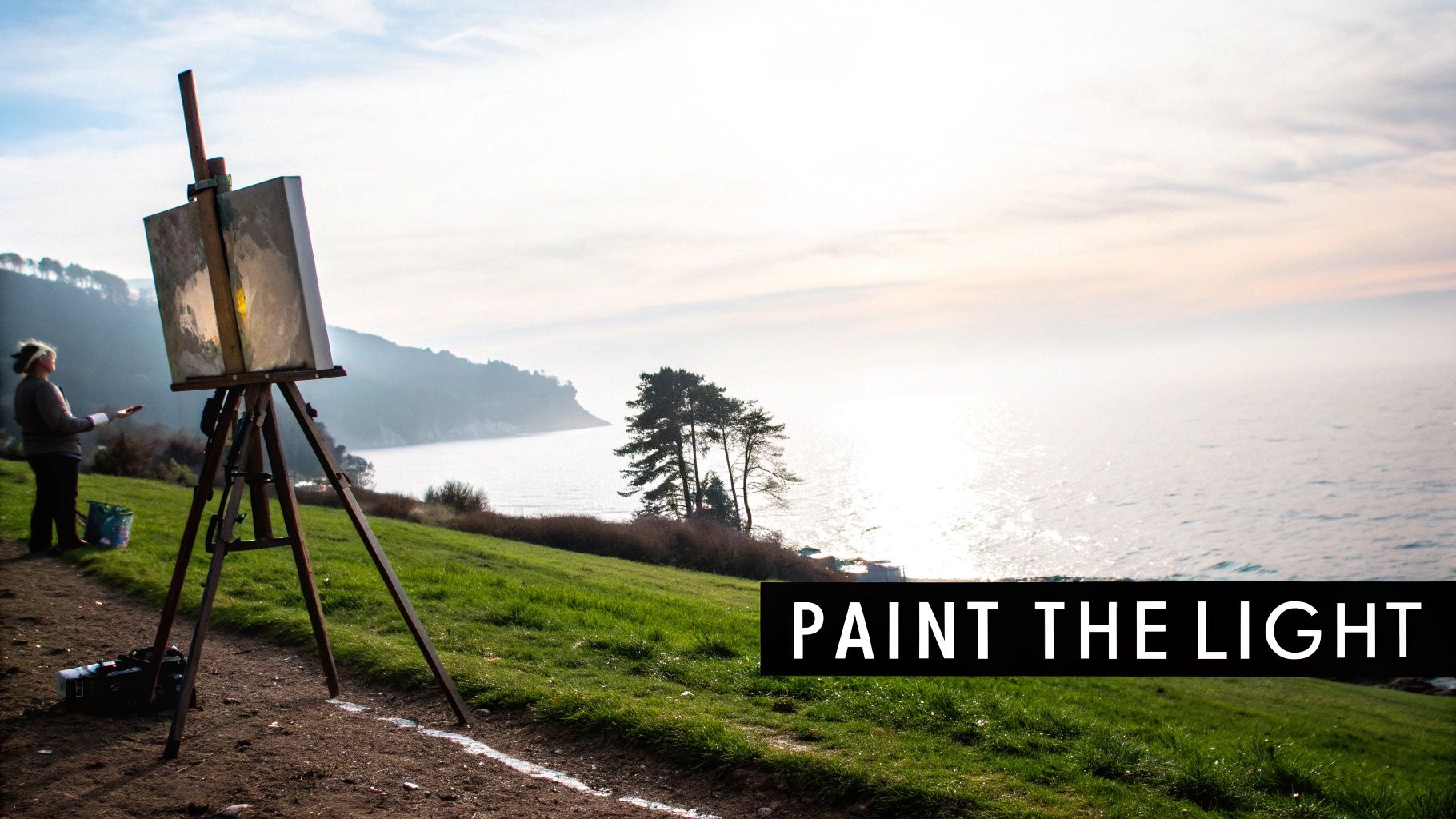 An artist paints a sunlit seascape outdoors on a grassy cliff overlooking the ocean with an easel.