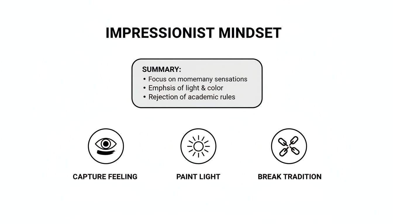 An infographic explaining the impressionist mindset, with a summary and three key principles: capture feeling, paint light, break tradition.