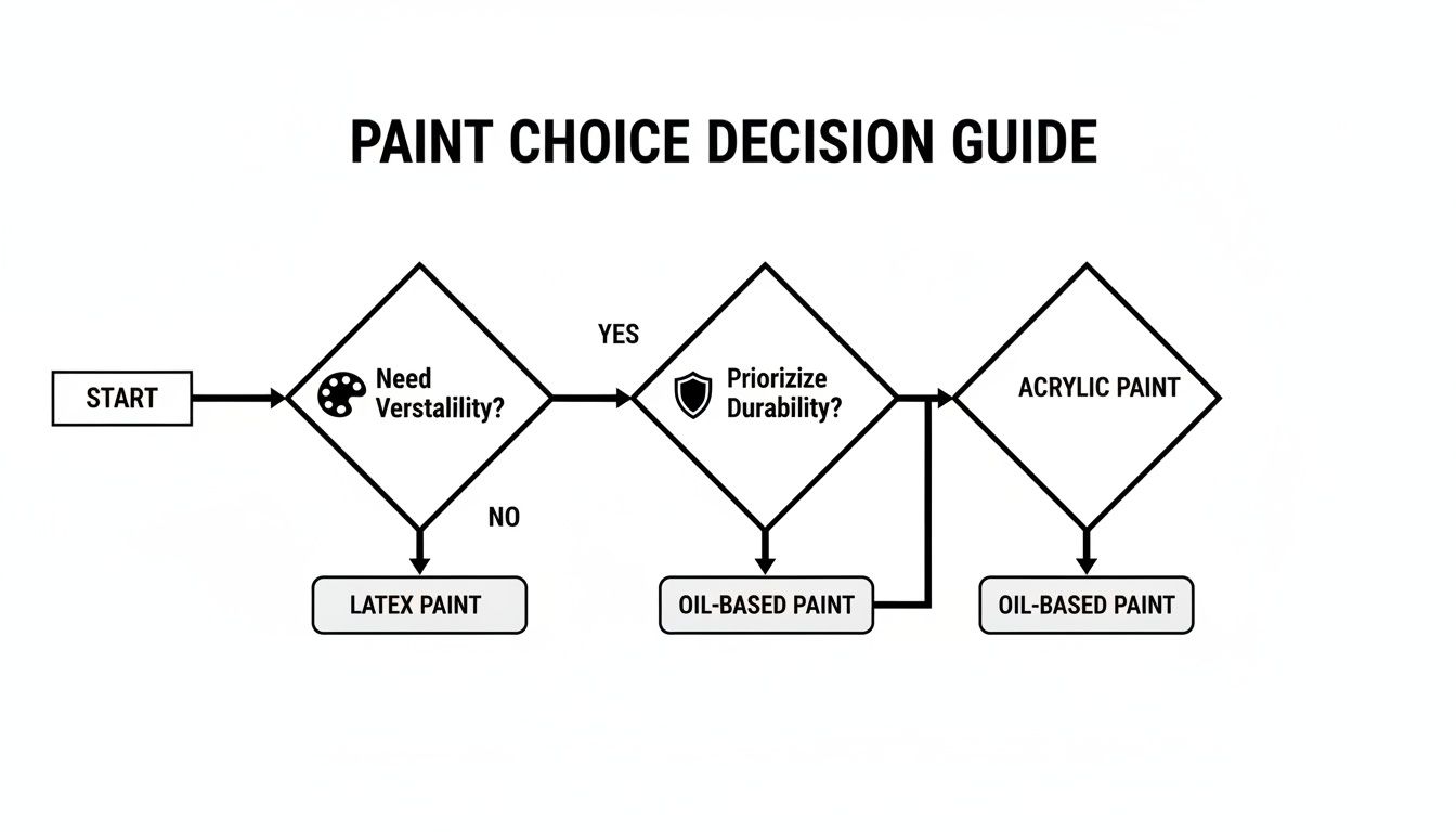 A flowchart decision guide for choosing between latex, acrylic, and oil-based paints based on versatility and durability.