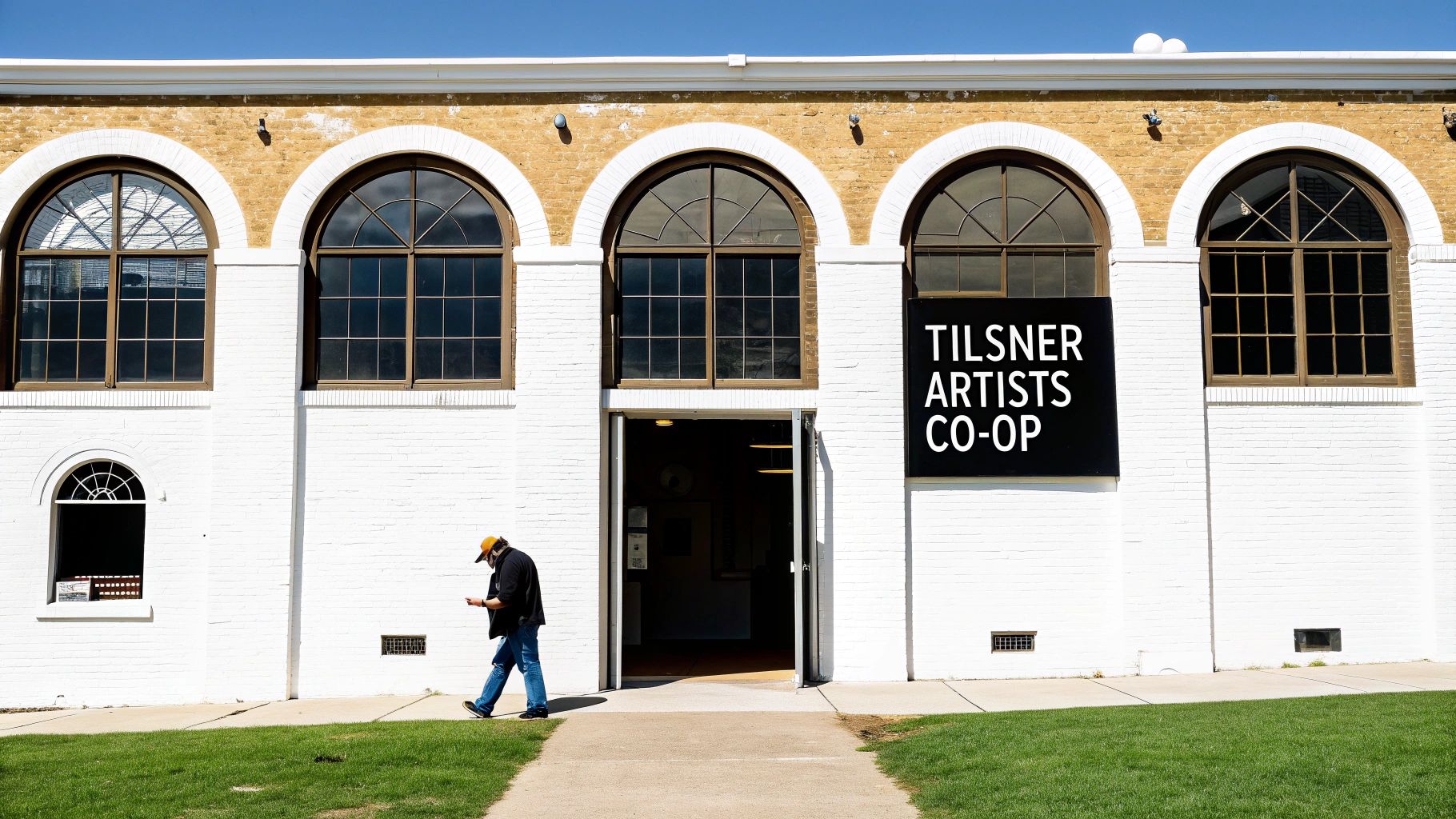 A man walks past the white brick Tilsner Artists Co-op building with large arched windows under a blue sky.