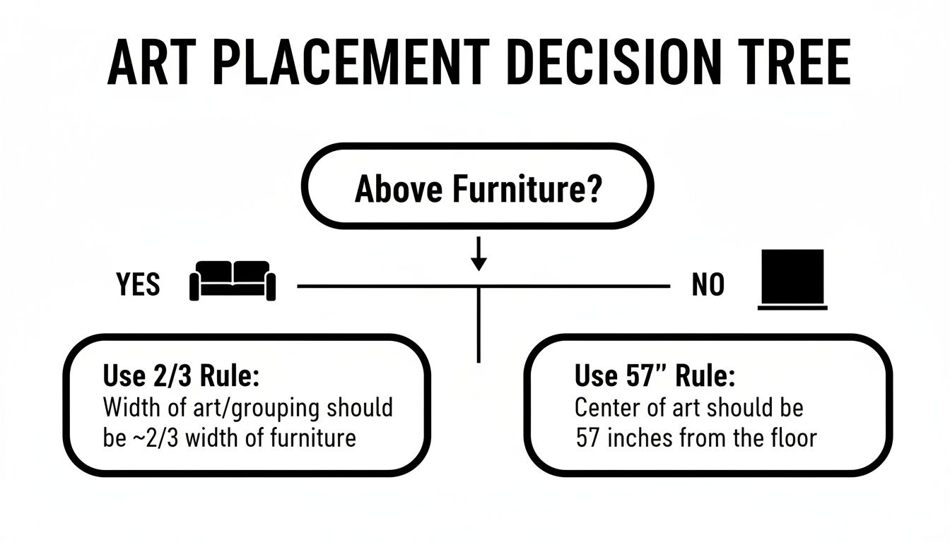 A decision tree for art placement, explaining rules for hanging art above furniture versus on an empty wall.