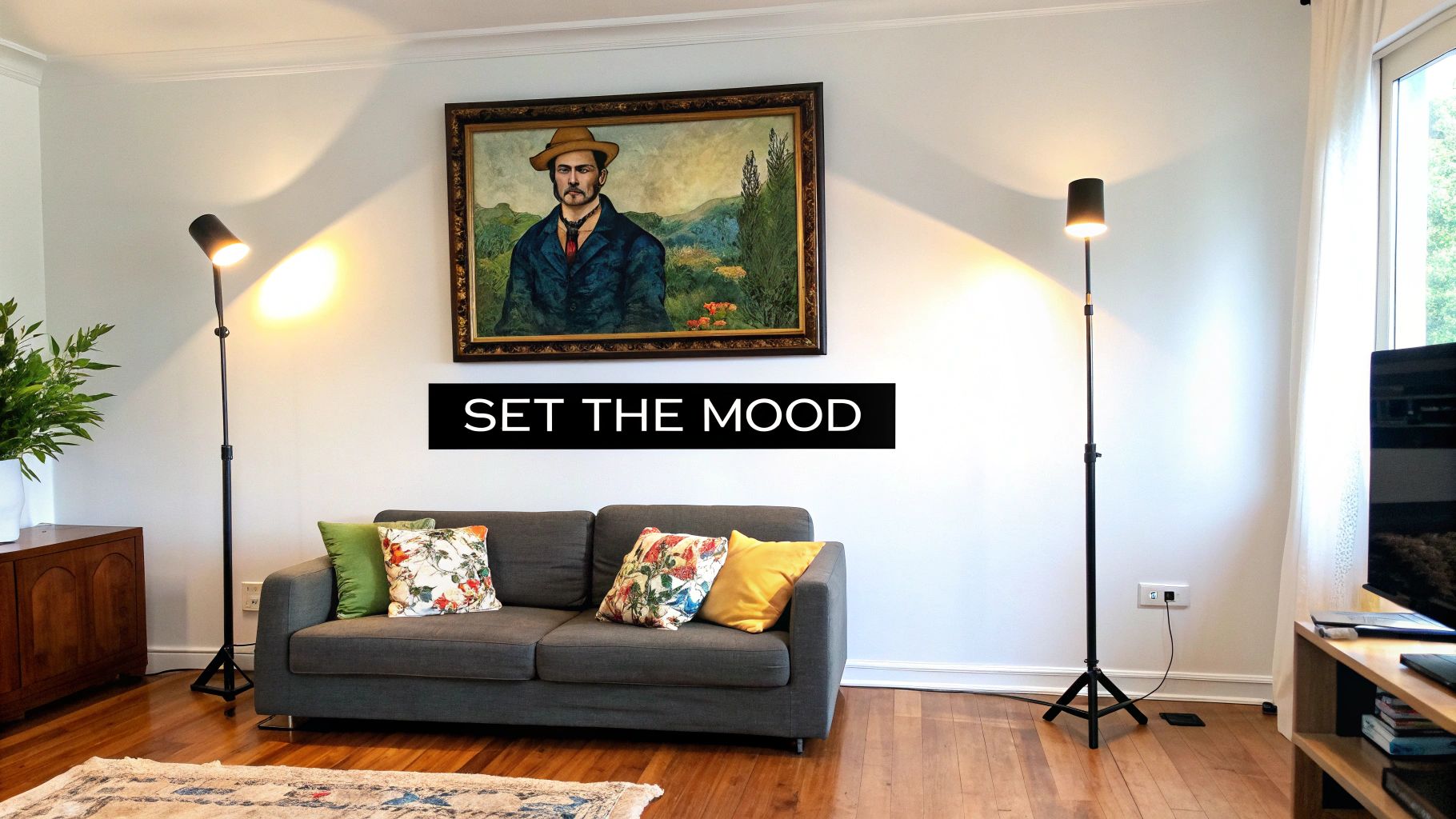 Two black floor lamps illuminate a framed portrait painting above a grey sofa in a modern living room.