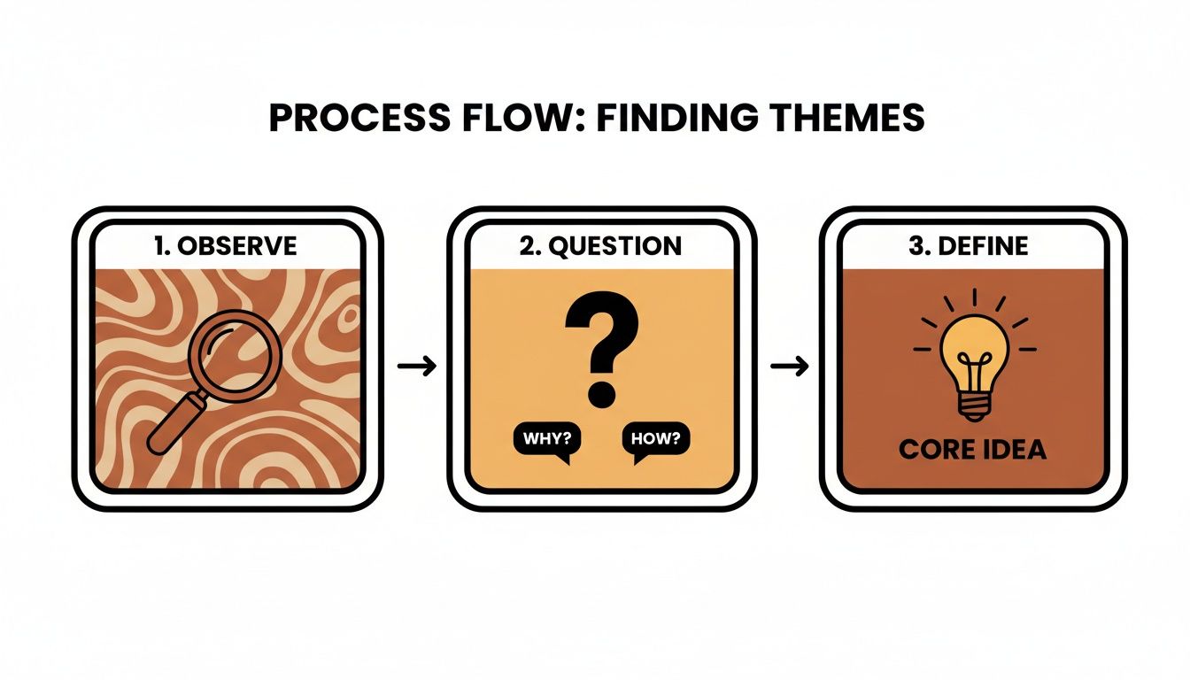 A process flow diagram illustrating three steps: Observe, Question, and Define, for finding themes.