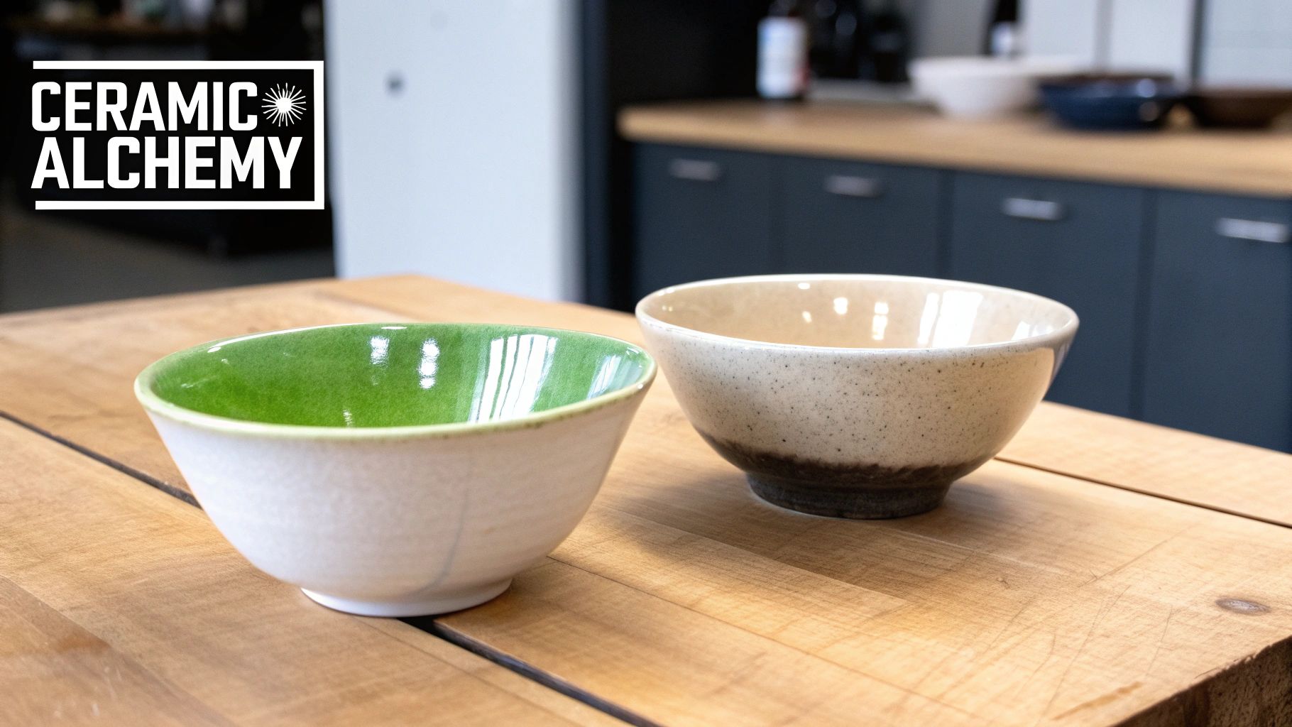 Two handmade ceramic bowls, one with green glaze, on a wooden table in a kitchen.
