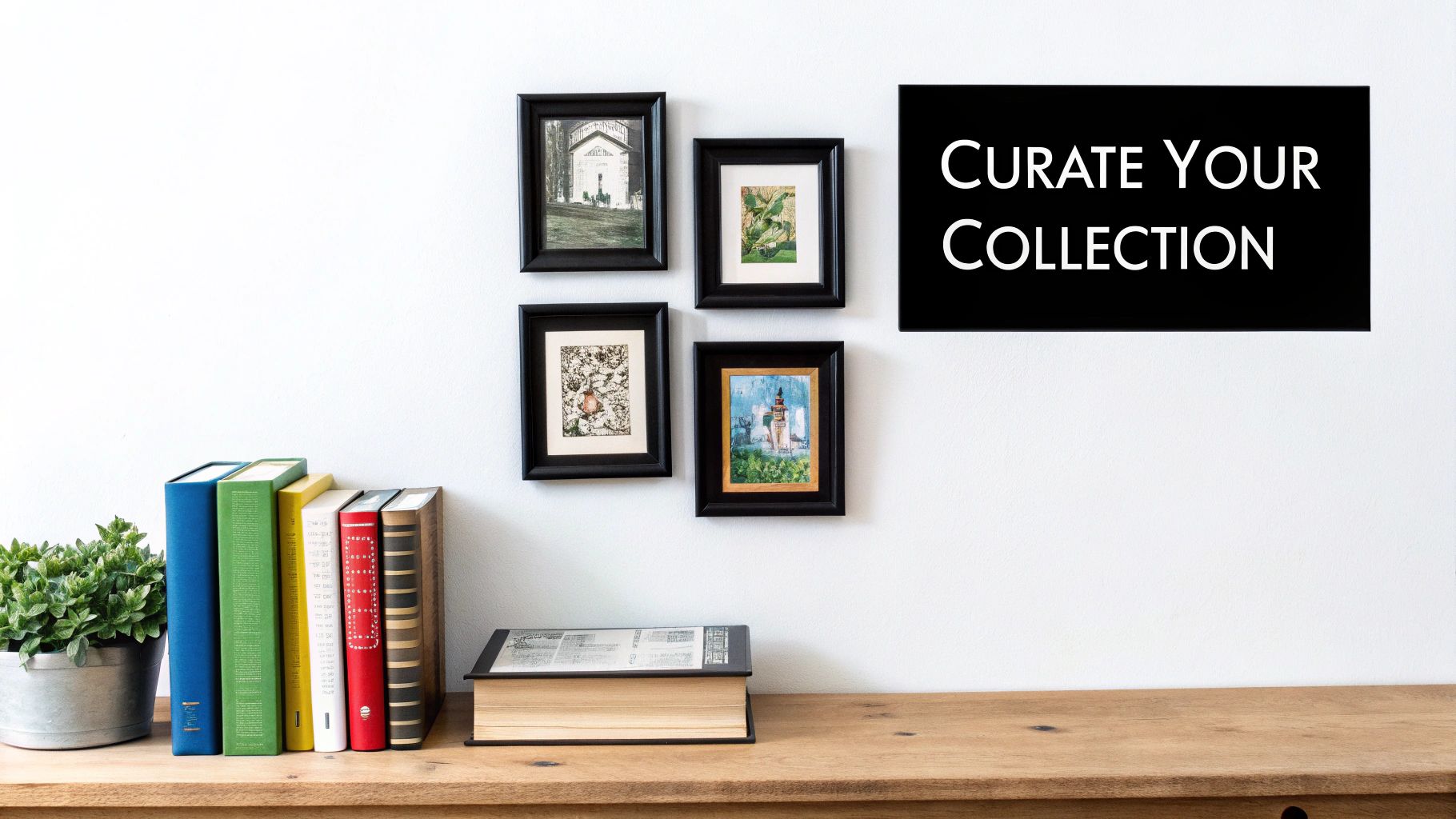 A wooden shelf with a potted plant, colorful books, and framed art on a white wall. A sign reads 'Curate Your Collection'.