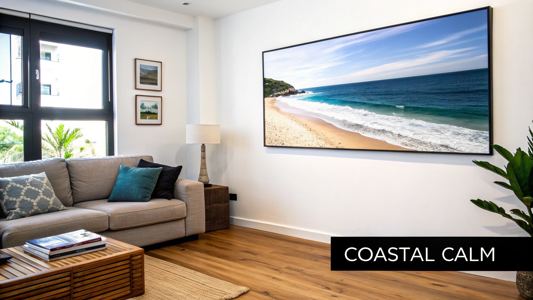 A bright living room with a large coastal beach print, a comfortable sofa, and a wooden coffee table.