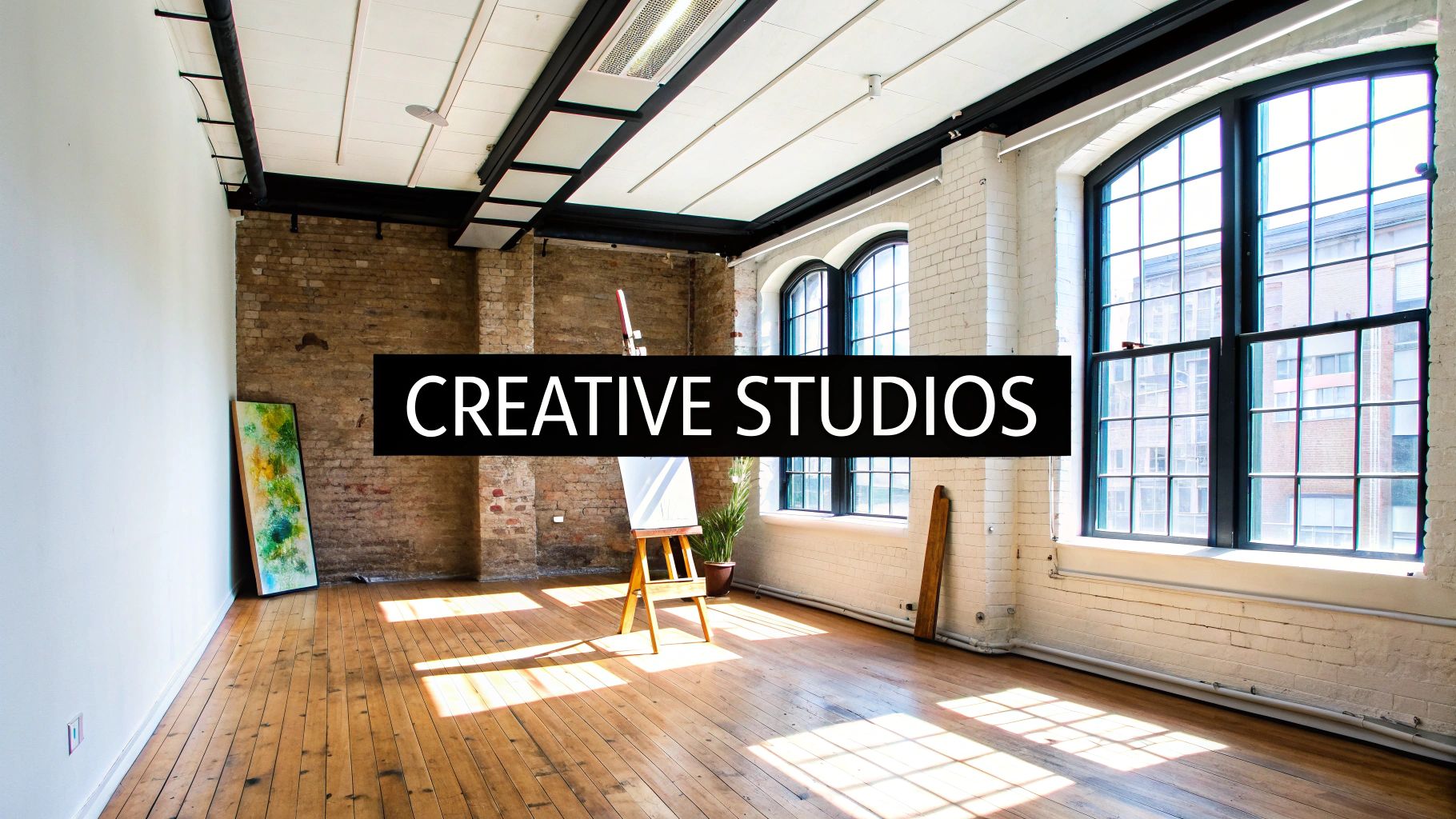 A bright, empty creative studio with large windows, wooden floors, and an easel, bathed in natural light.
