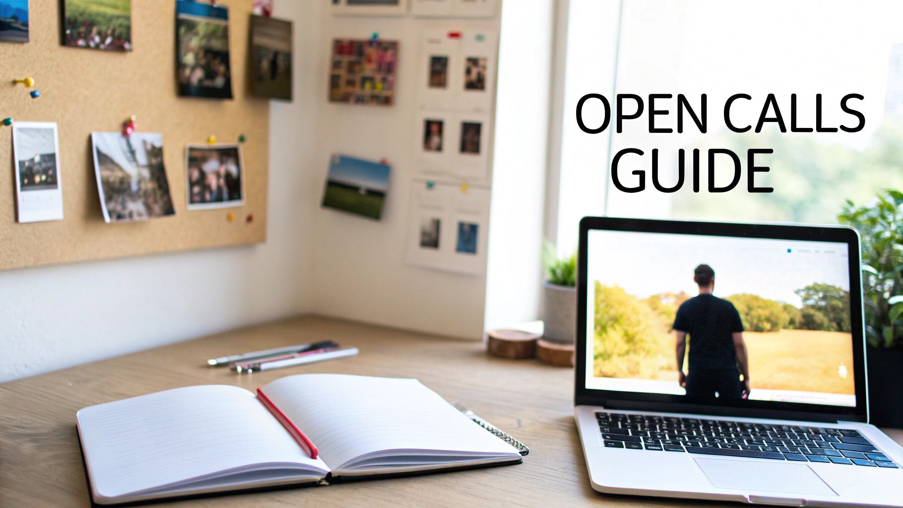A creative workspace with a cork board, laptop, open notebook, and pens, featuring 'OPEN CALLS GUIDE' text.