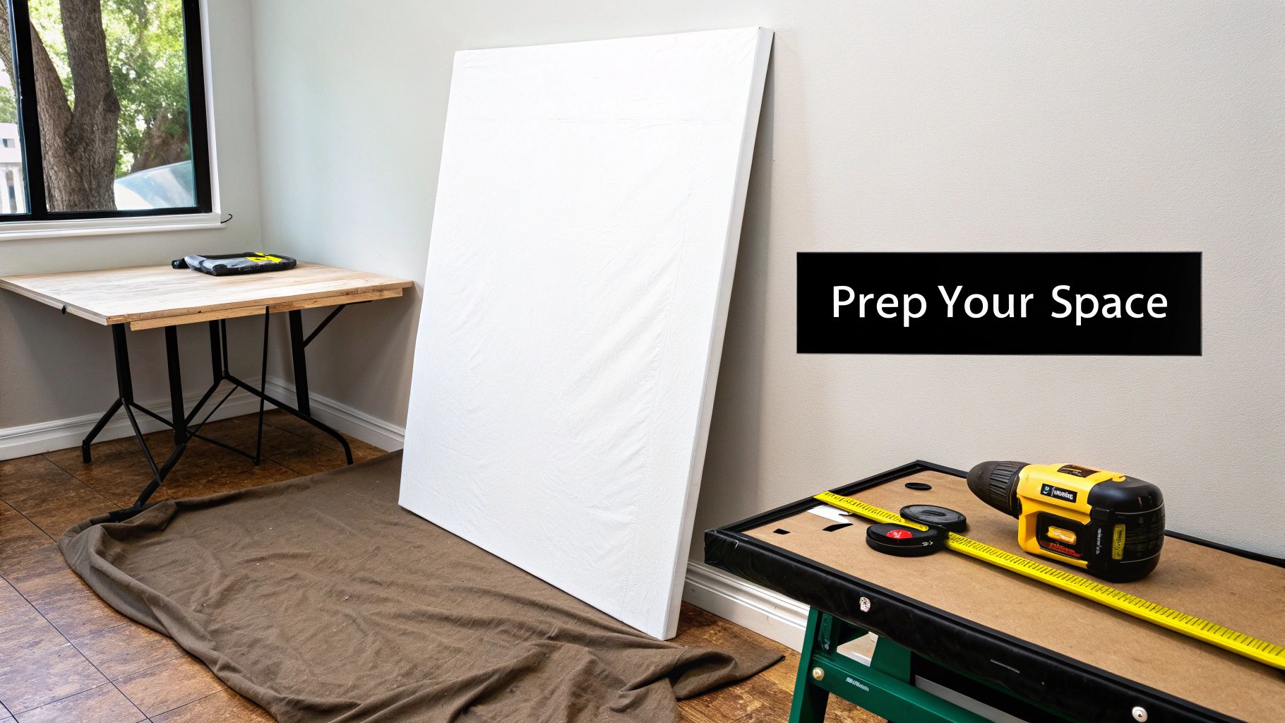 A room being prepped with a large white canvas, drop cloth, and tools for hanging art.