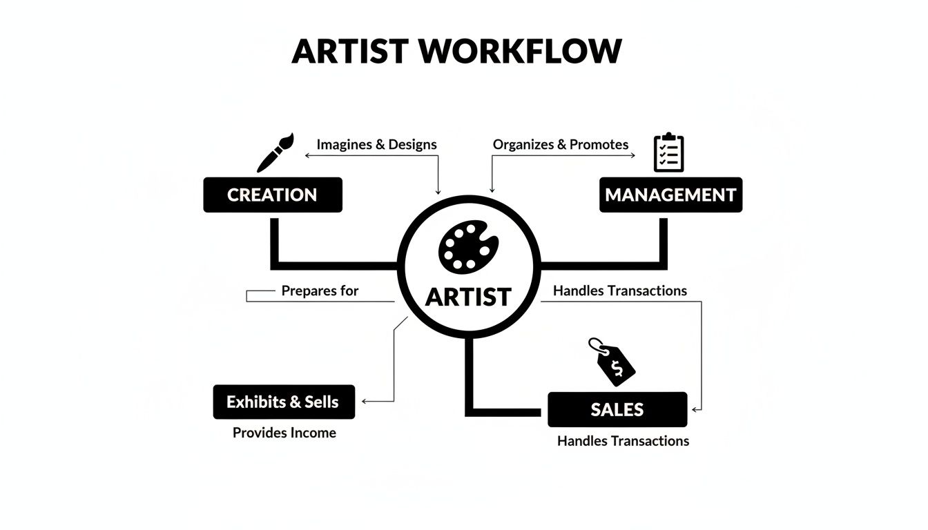 Diagram illustrating an artist's workflow, encompassing creation, management, sales, and exhibition.