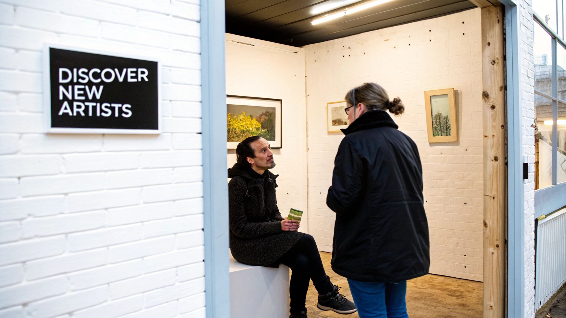 Two people interact within an art gallery space, surrounded by various artworks on display.