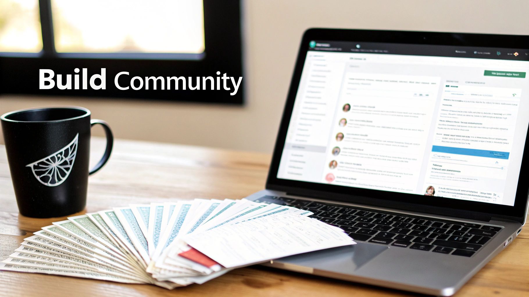 A laptop with a social media platform, a black mug, and fanned documents on a desk.