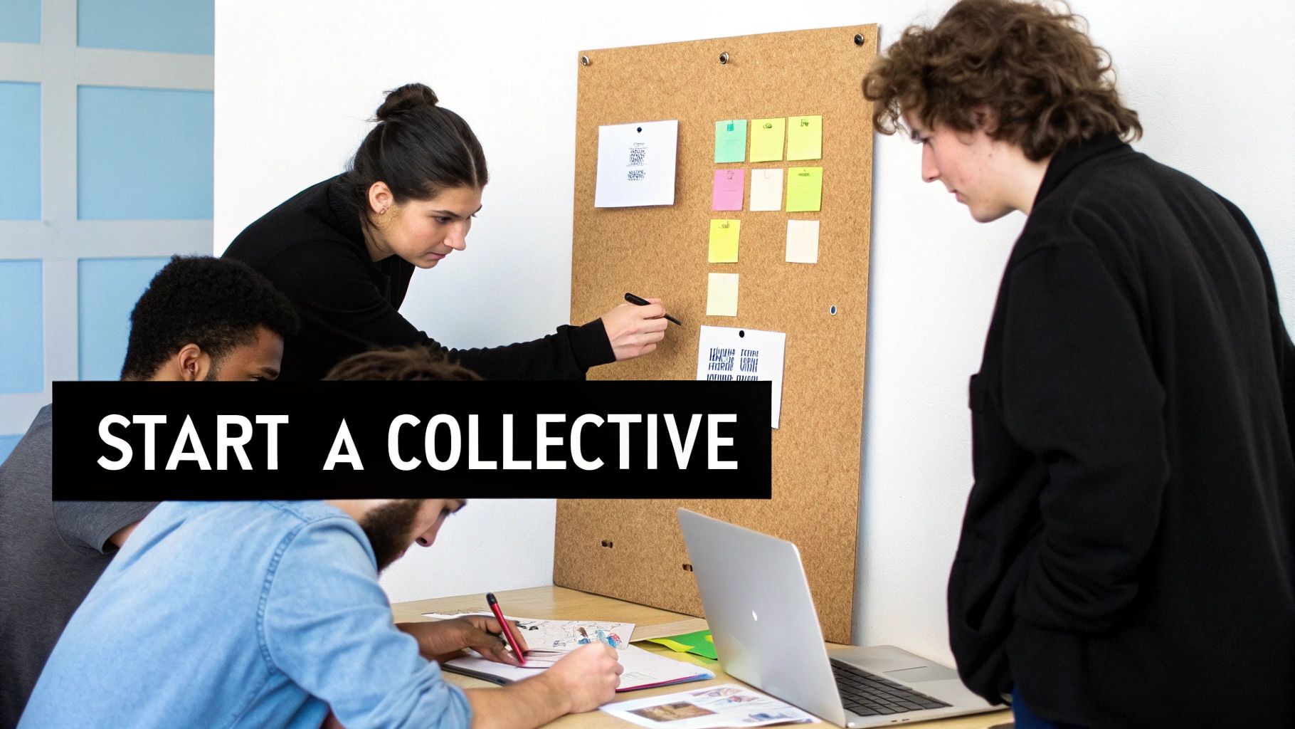 Young people collaborate around a cork board, discussing ideas and writing, with text 'START A COLLECTIVE'.