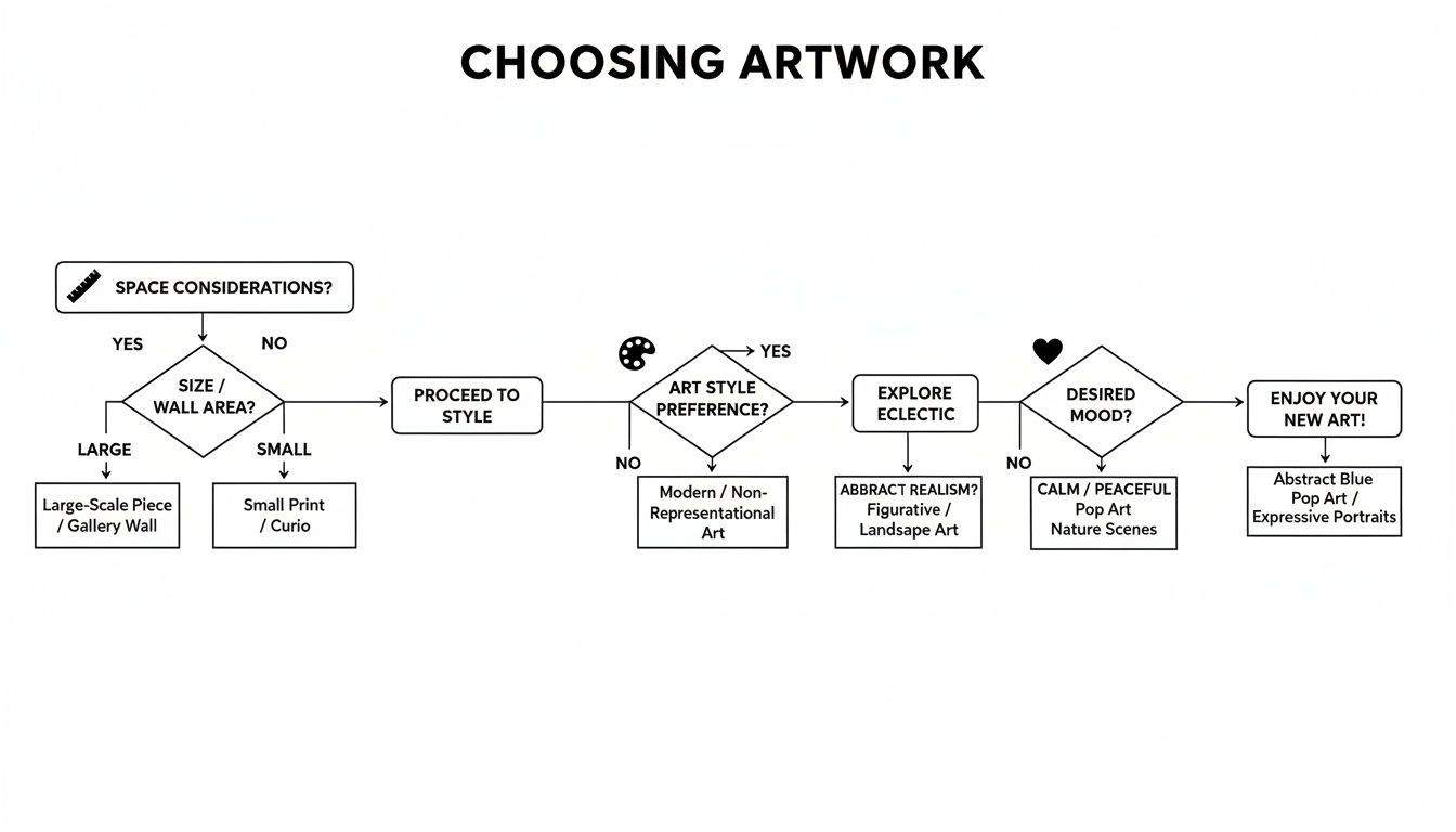 A flowchart guiding artwork selection by considering space, size, art style, and desired mood.