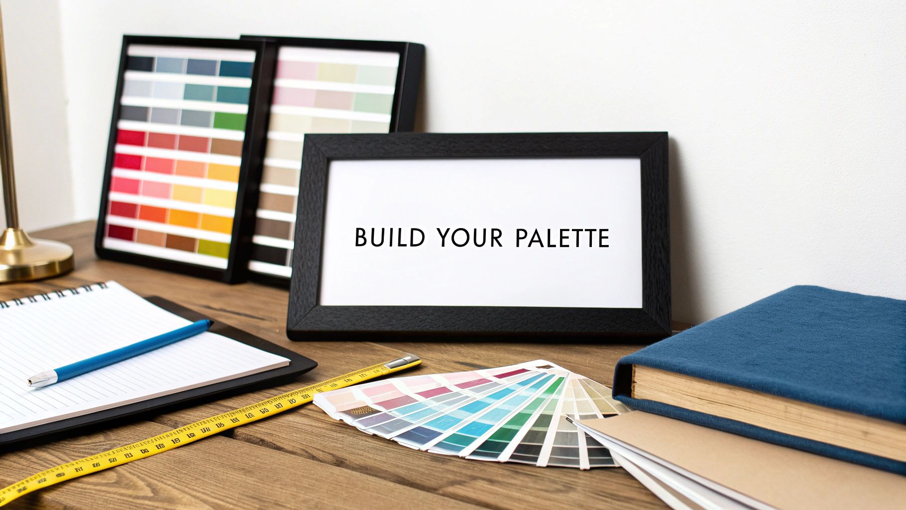 A designer's desk with color swatches, a notebook, pen, and a framed sign reading 'BUILD YOUR PALETTE'.