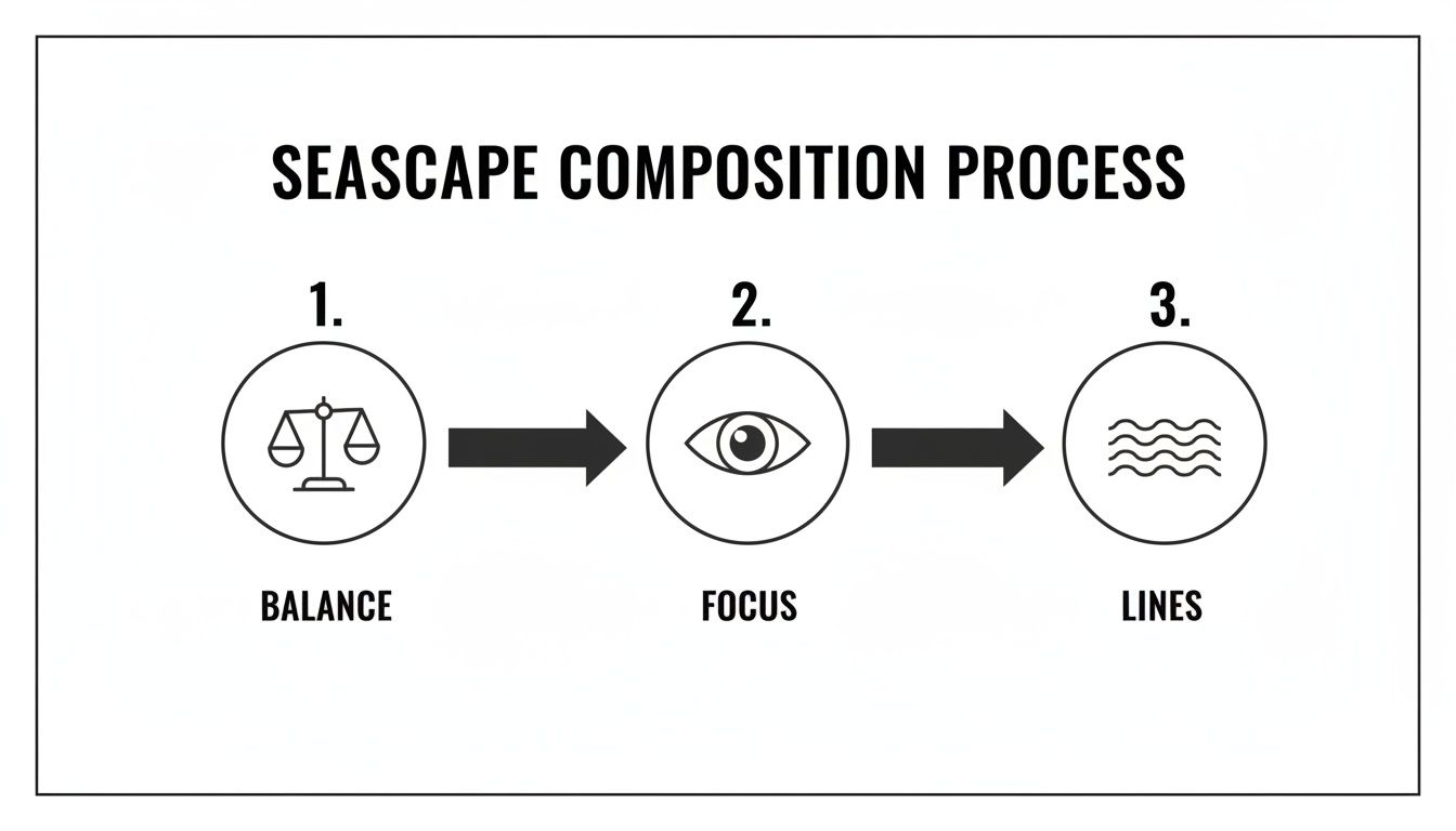 Diagram showing the seascape composition process: balance, focus, and lines with icons.