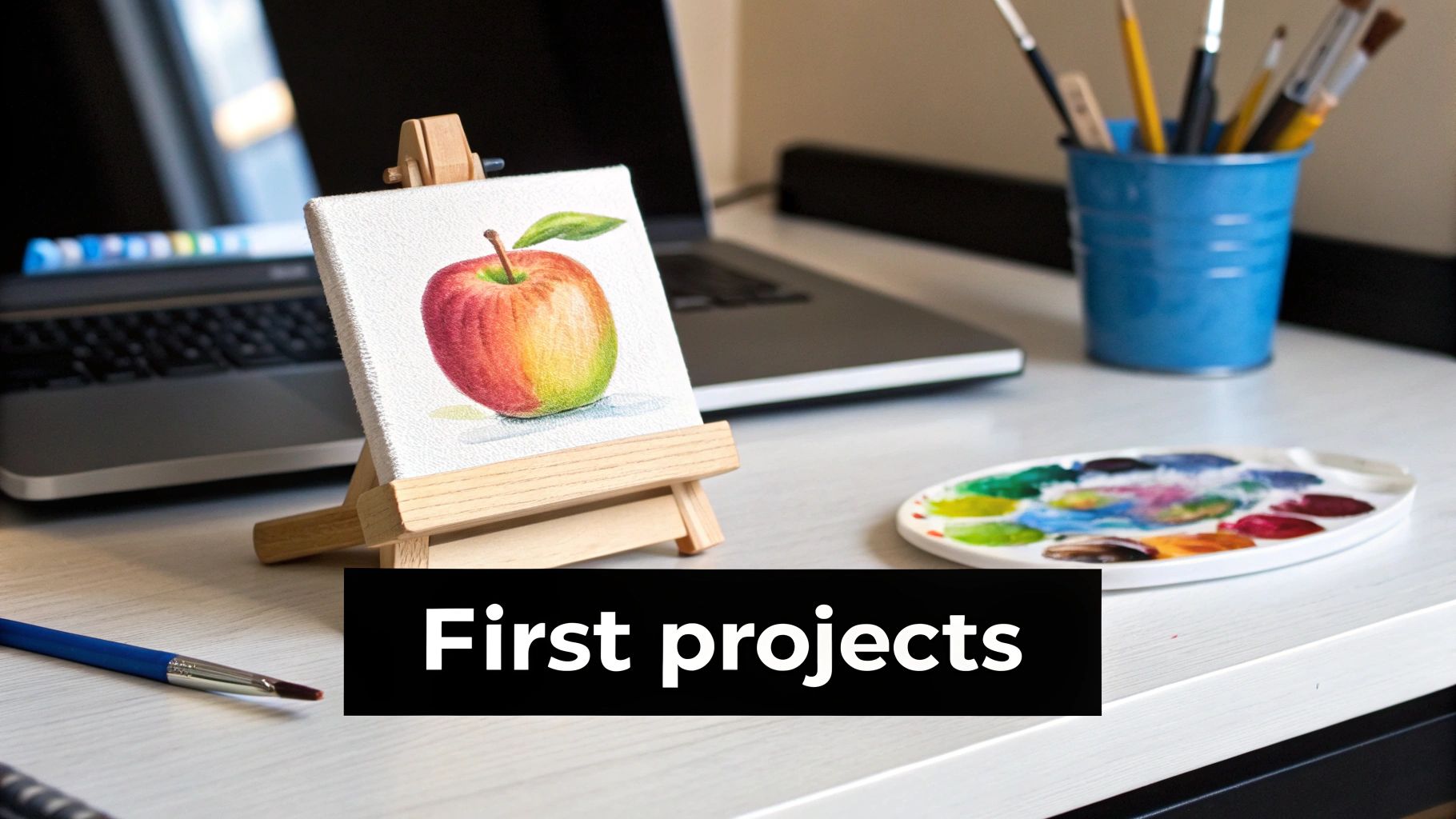 A vibrant apple painting on a mini easel, surrounded by art supplies and a laptop on a white desk.