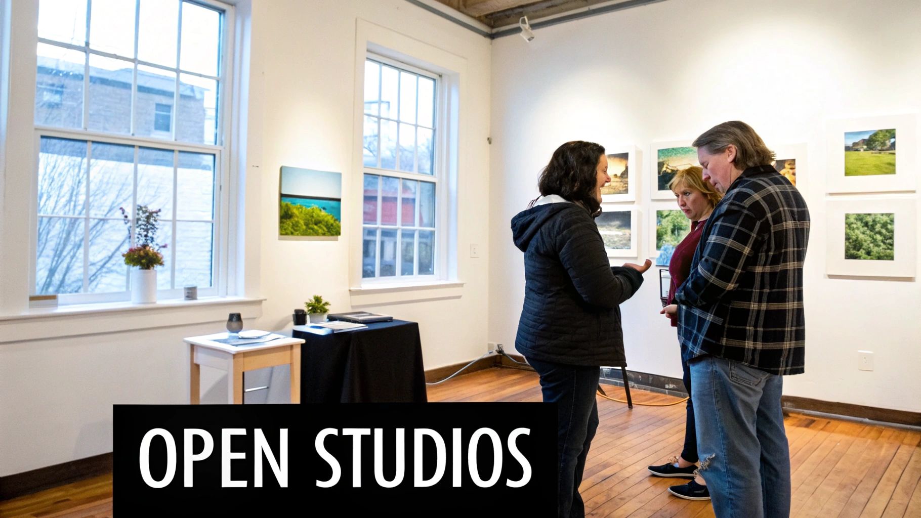Three people view various landscape photographs and art pieces in a bright art gallery.