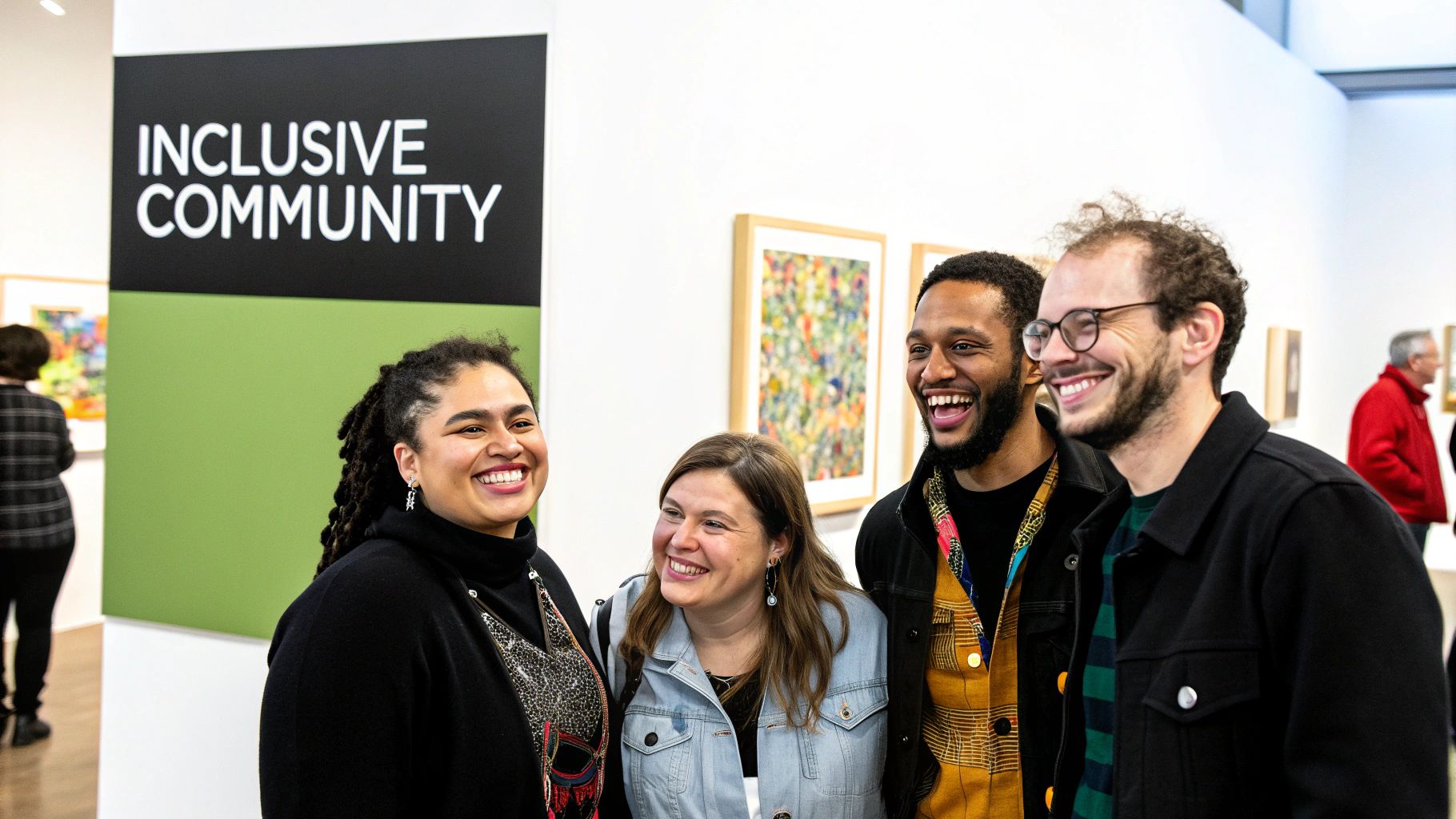 Four diverse adults smiling and laughing together in an art gallery near an 'Inclusive Community' sign.