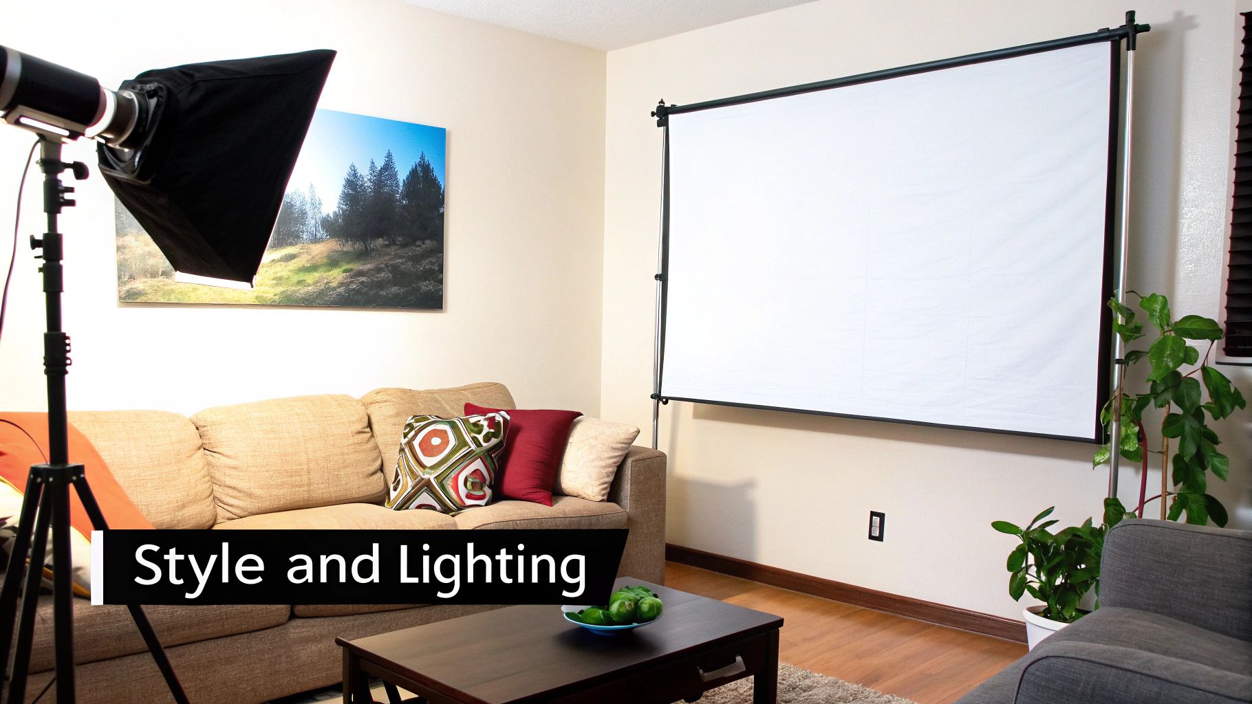 A home photography studio setup in a living room with a softbox light, large canvas art, and projector screen.