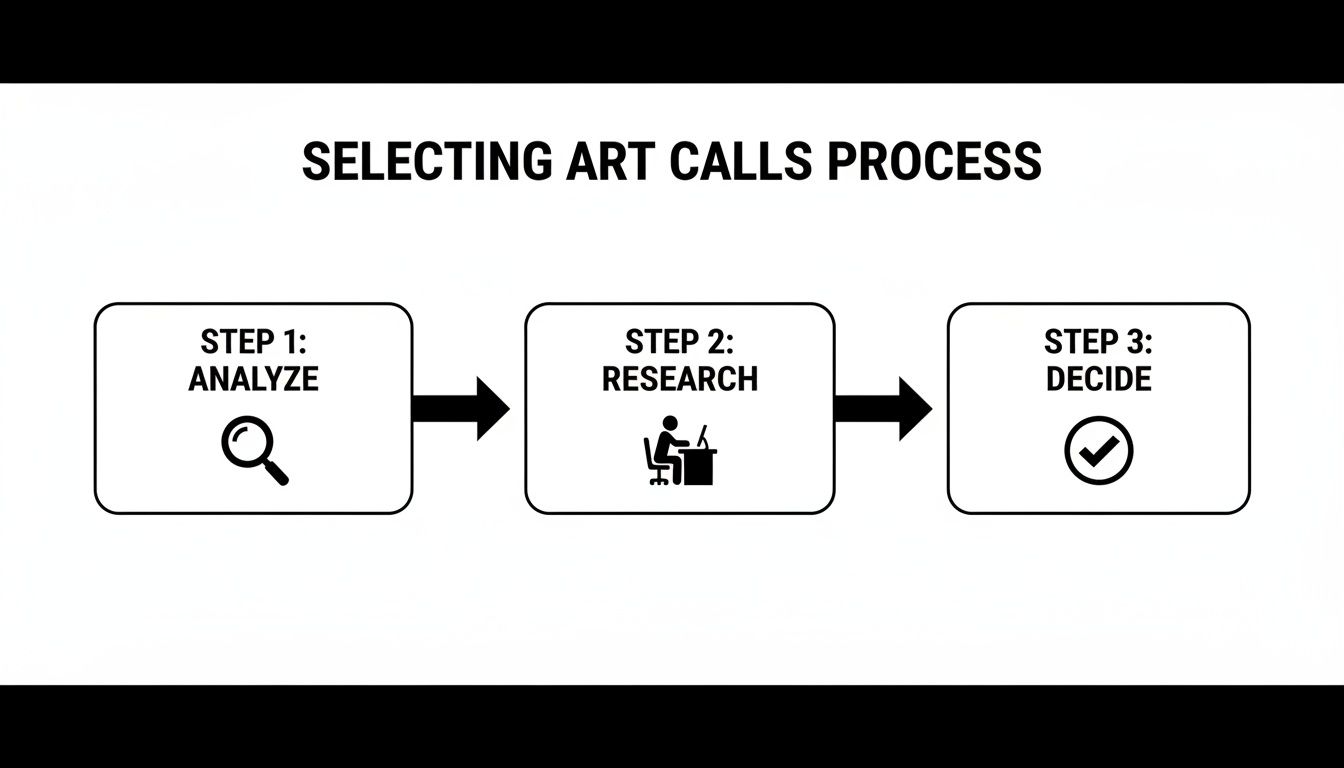 A three-step process flowchart for selecting art calls: Analyze, Research, and Decide.