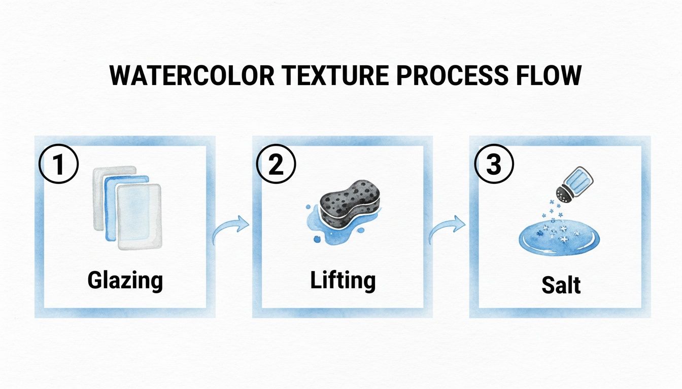 A visual guide illustrating three watercolor texture techniques: glazing, lifting with a sponge, and sprinkling salt.