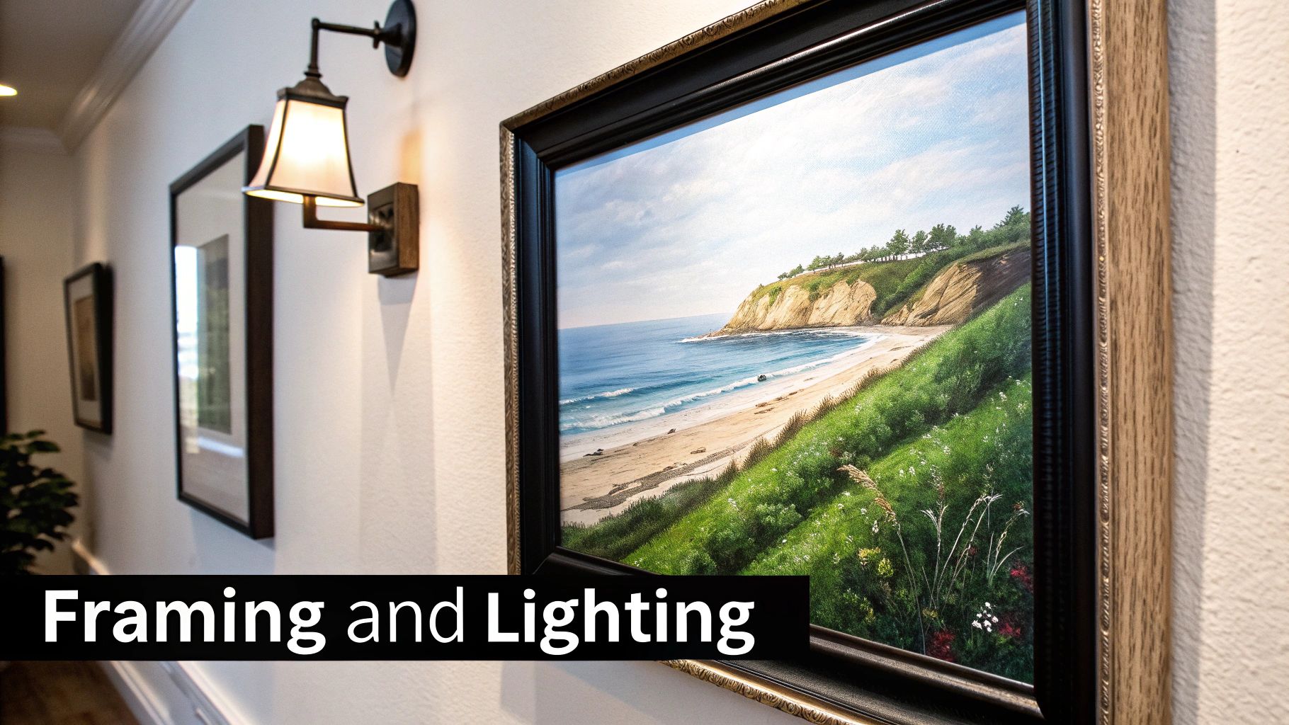 A large framed coastal painting hangs on a white wall in a well-lit hallway with a sconce.