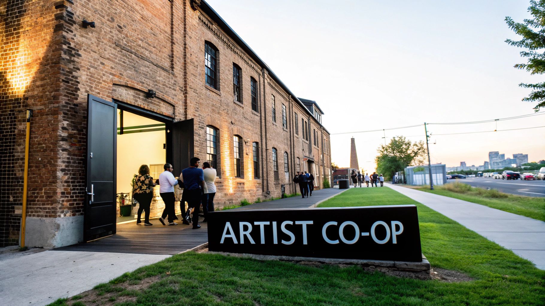 People gather outside a historic brick building with an 'ARTIST CO-OP' sign at sunset.