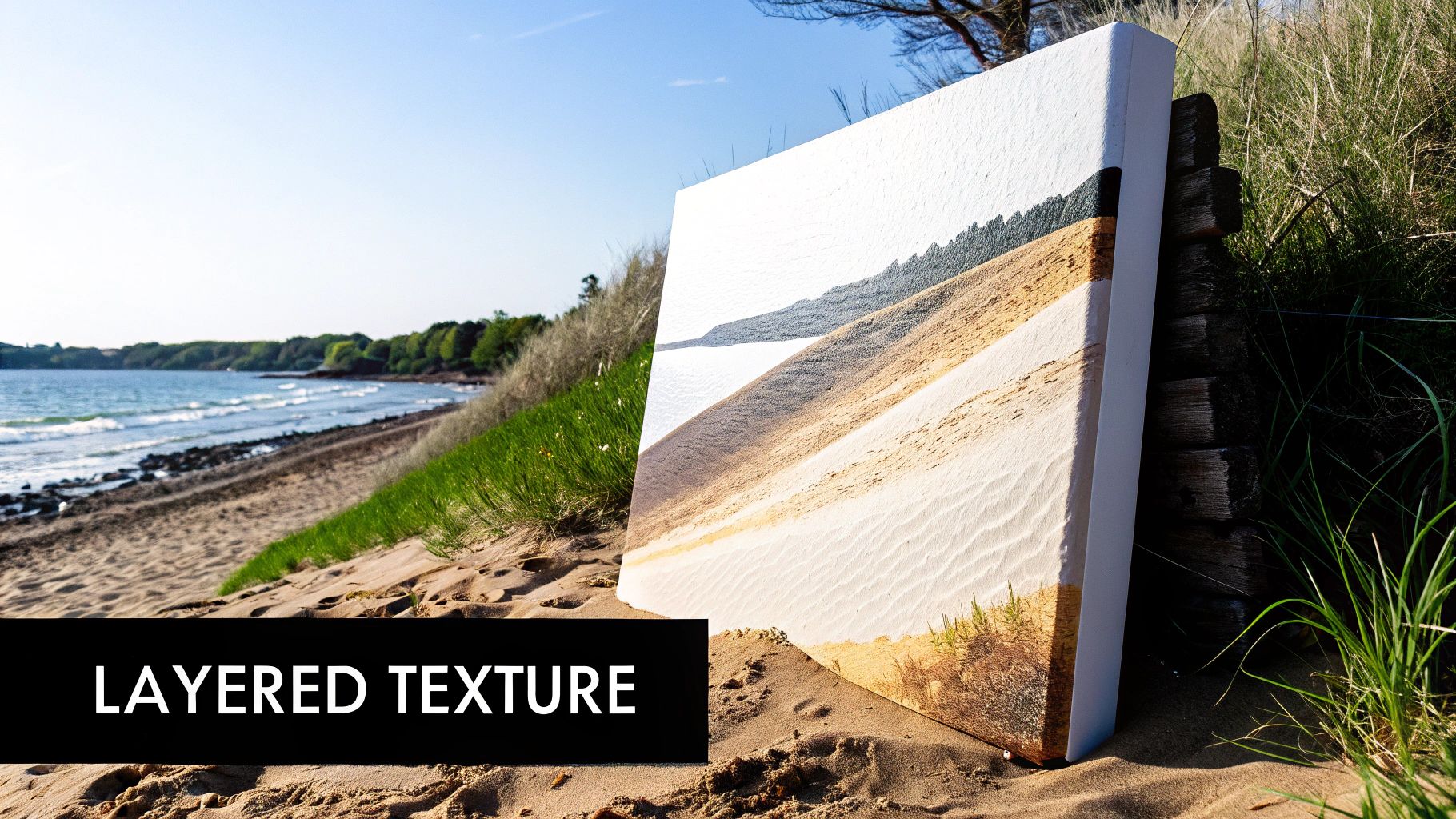 A textured canvas print of a layered beach scene leaning on a wooden fence at a real beach.
