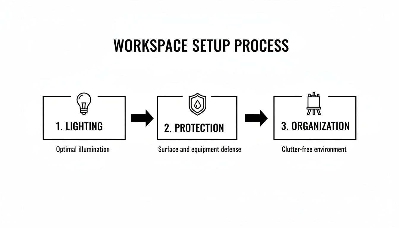 A flowchart illustrating a 3-step workspace setup process: lighting, protection, and organization.