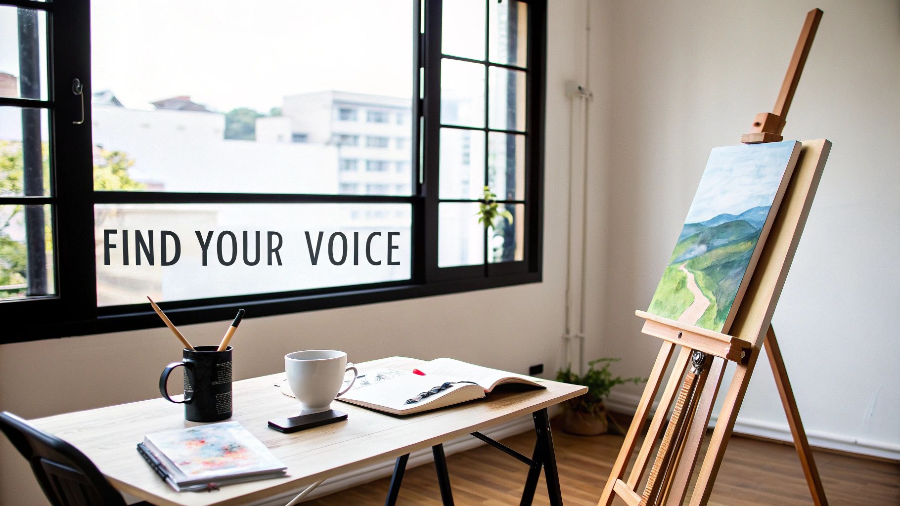 An art studio with a landscape painting on an easel, art supplies on a desk, and 'FIND YOUR VOICE' on the window.