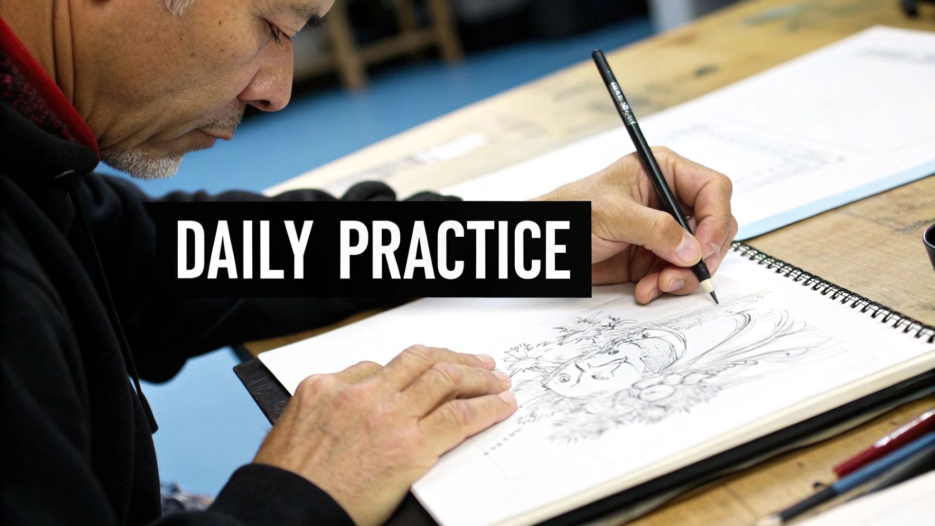 An artist diligently sketching in a spiral-bound notebook with a pencil, focused on their daily practice.