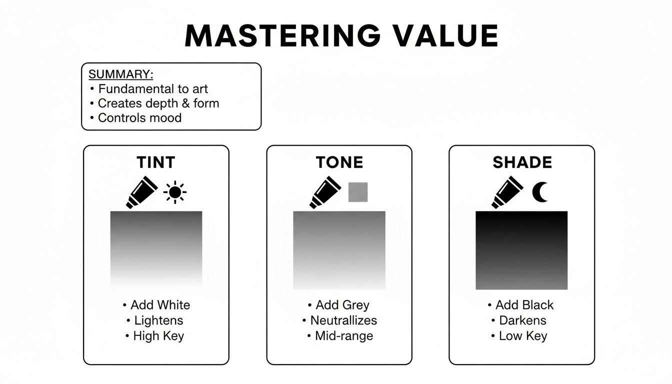 An instructional chart defining Tint, Tone, and Shade in art, explaining how to master value.