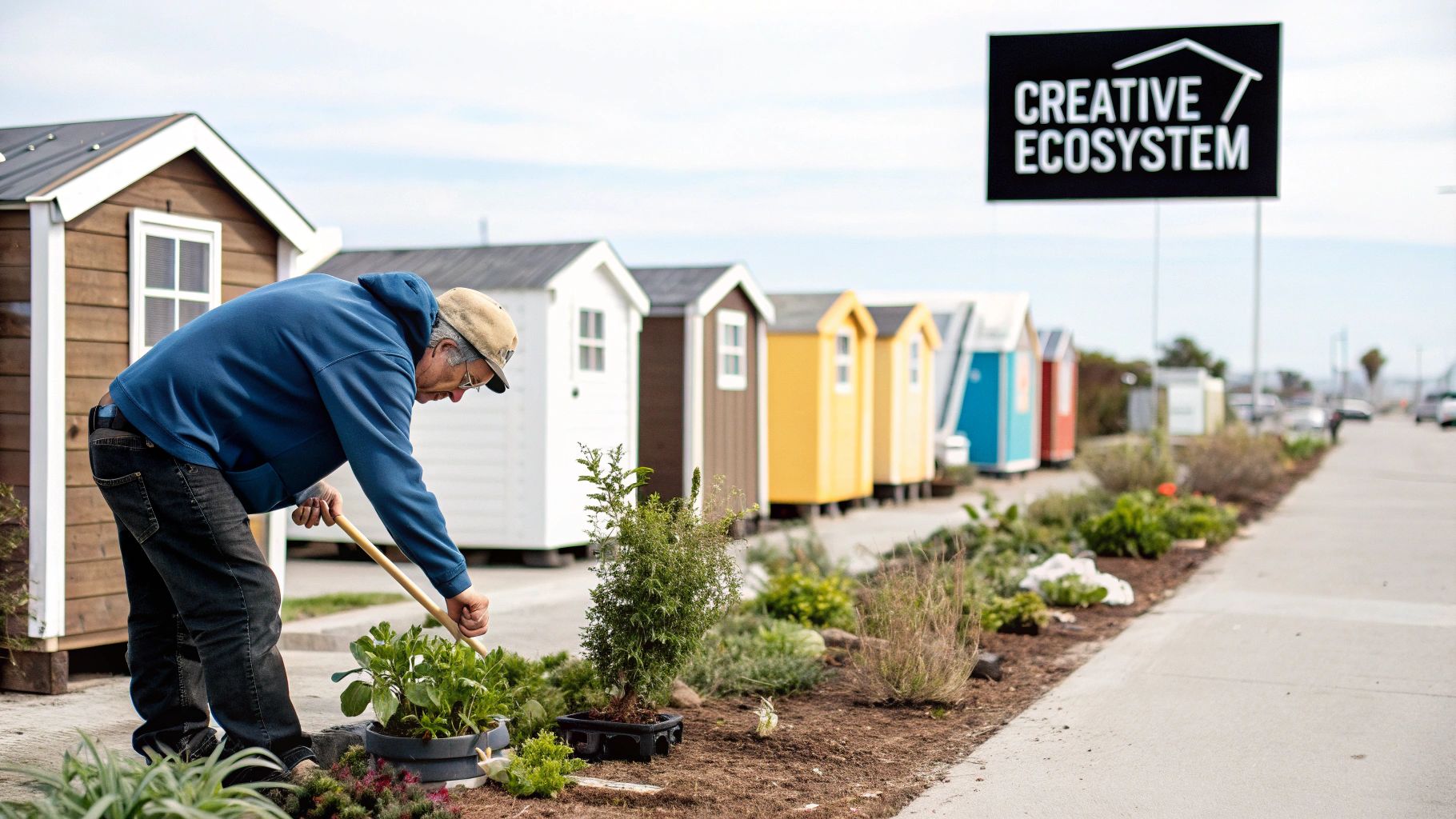 A man gardens plants in front of a row of small, colorful houses under a "Creative Ecosystem" sign.