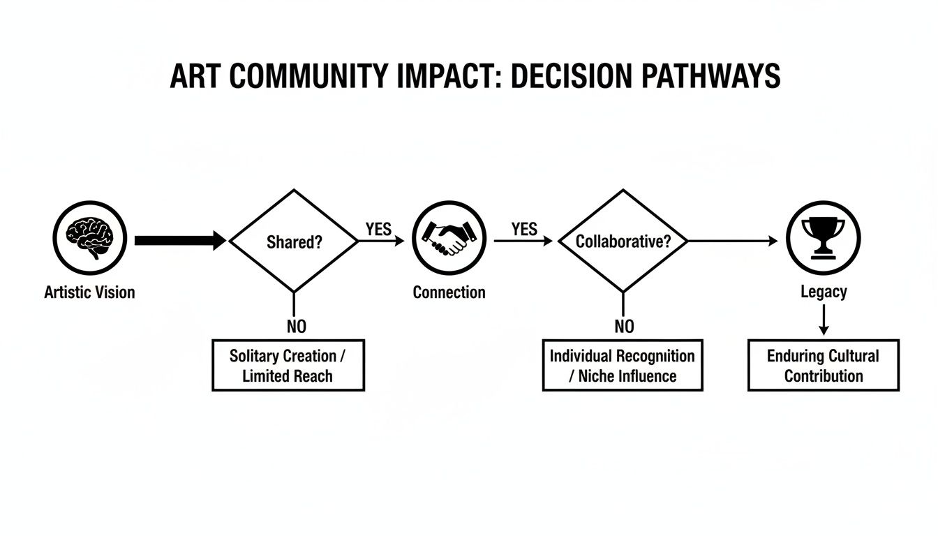 Flowchart illustrating decision pathways for art community impact, from artistic vision to enduring cultural contribution.