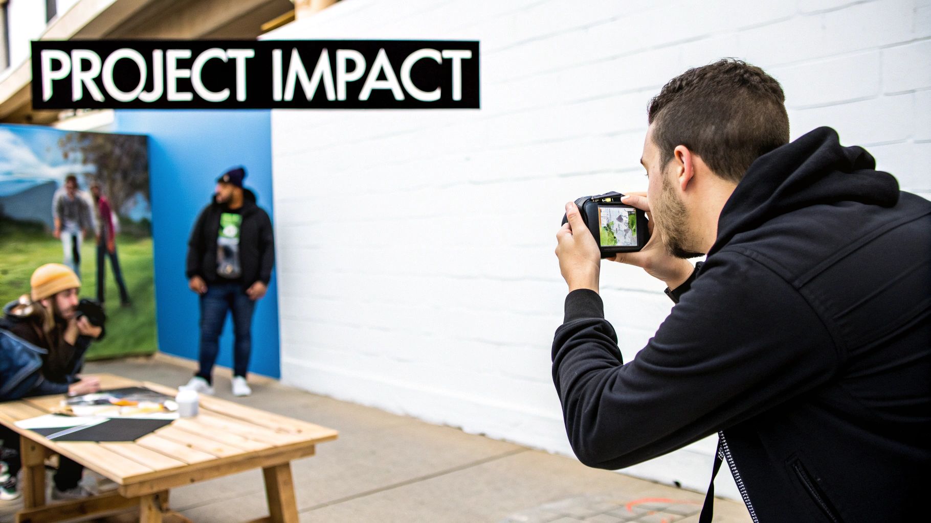 A person in a black hoodie photographs a community art display with a sign 'PROJECT IMPACT'.