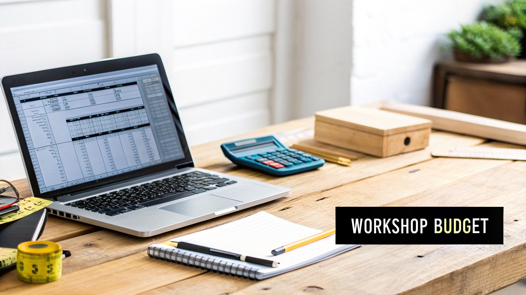 A flat lay of a woodworking budget on a wooden desk with a laptop, calculator, and stationery.