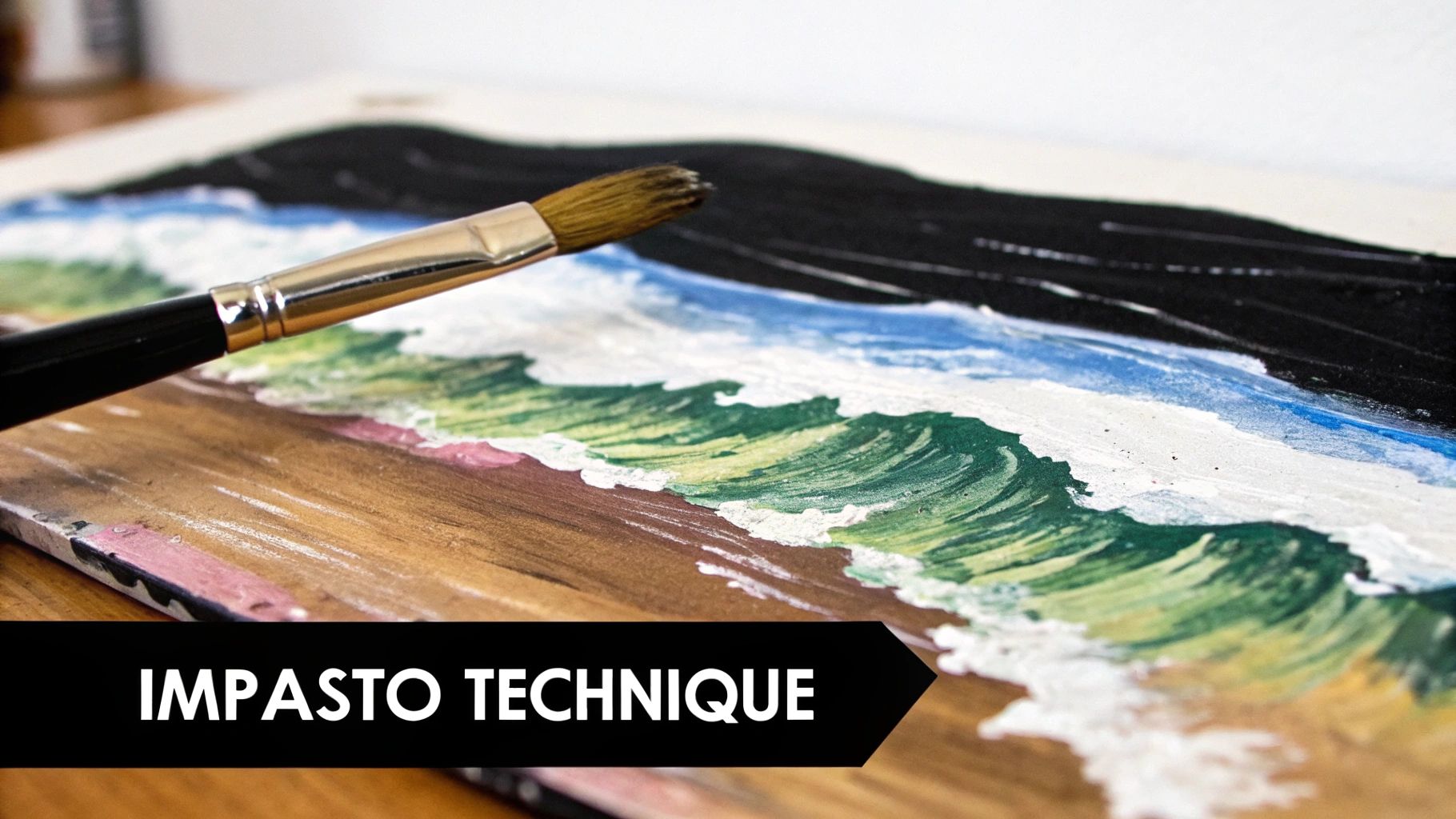 Close-up of a paintbrush working on a textured impasto painting of ocean waves.