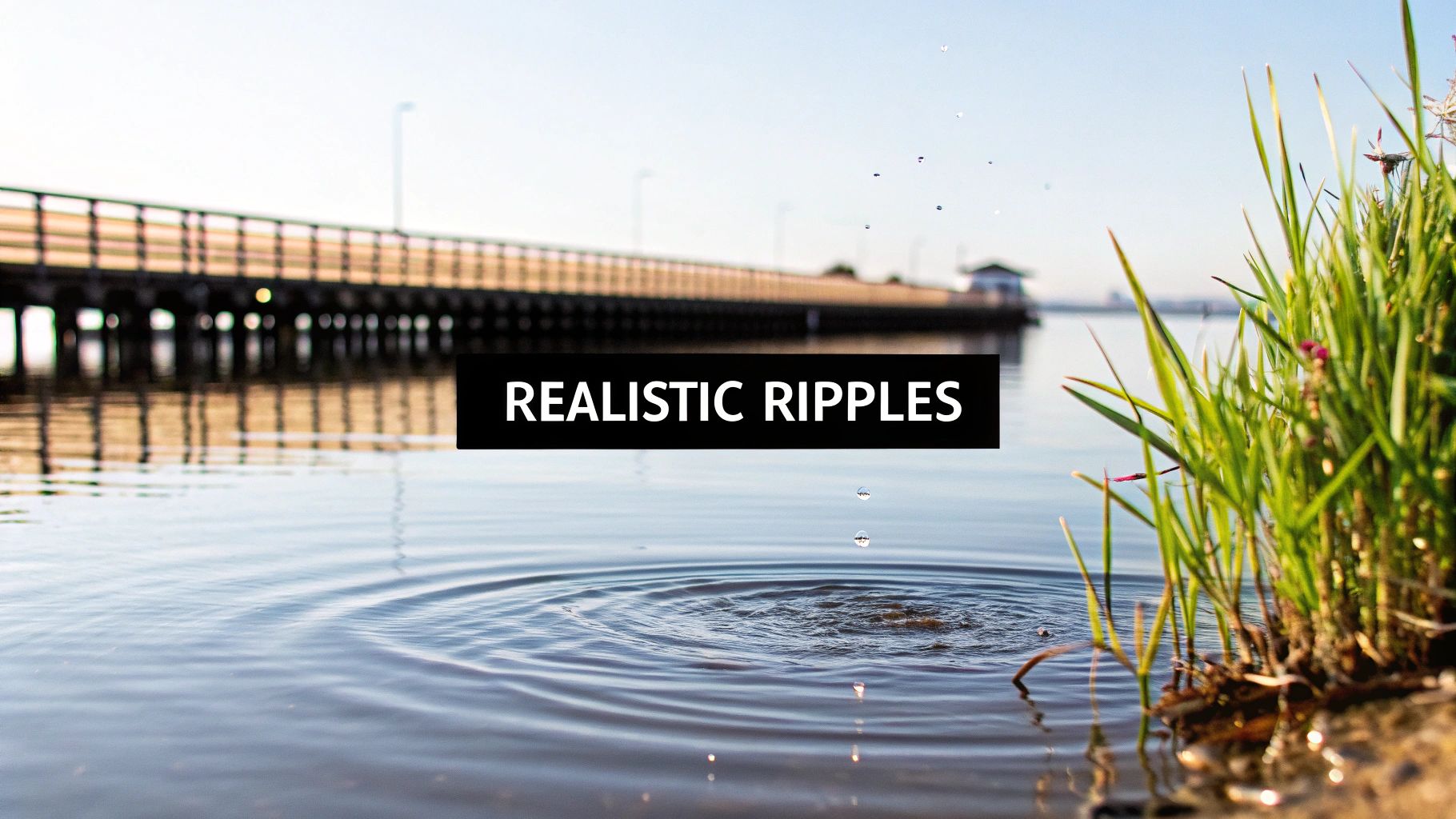 Close-up of water with realistic ripples and drops, showing a pier in the background and green reeds.