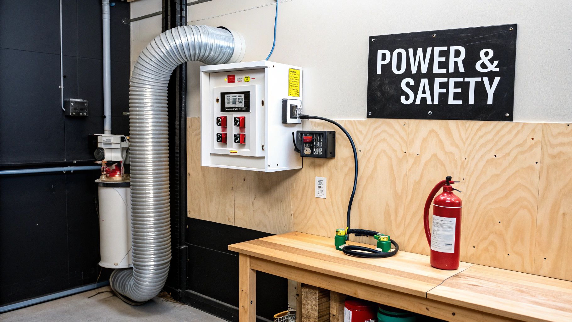 A workshop area featuring a dust collection system, electrical control panel, 'POWER & SAFETY' sign, and a fire extinguisher.